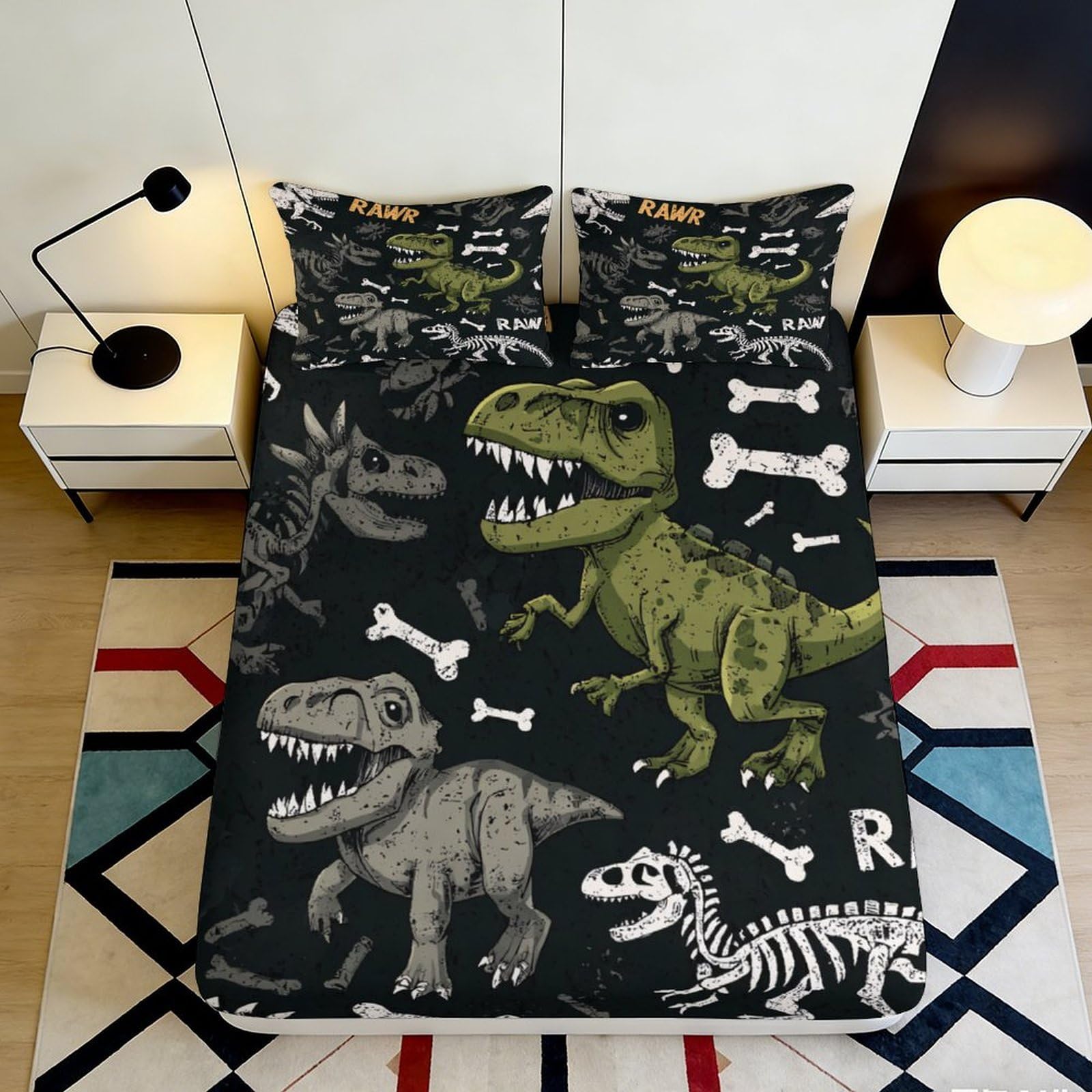 3D Printed Dinosaur Skeleton Fitted Sheet Microfiber Anti-Slip Mattress Cover for Kids Teens Bedroom Decor 120x200cm 180x200x25cm