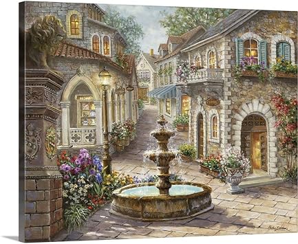 CANVAS ON DEMAND Cobblestone Fountain Canvas Wall Art Print by Nicky Boehme, Contemporary, Home Decor, Street Scene, Nature Artwork, 20" x16in