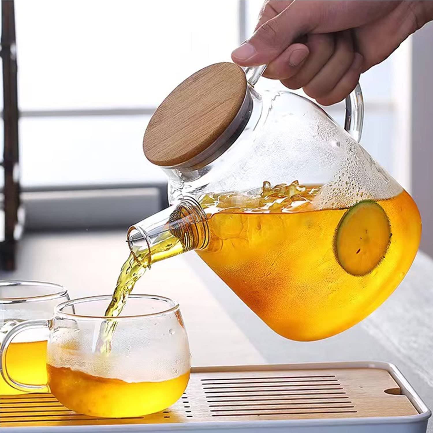 Théière en verre borosilicate 1,6 L avec filtre métal et couvercle bambou