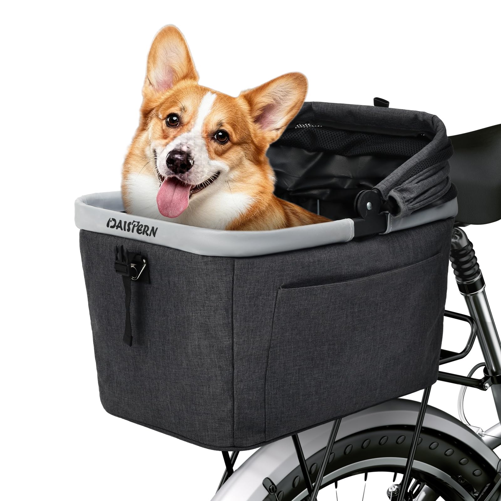 Photo 1 of DAISTERN Foldable Dog Rear Bike Basket Supports Up to 22 lbs with Metal Frame, PE Support Plate, Quick-Install Mount for 3.54-4.72 inch Diameter Tubes, Mesh Window, Soft Cushion & Reflective Strips