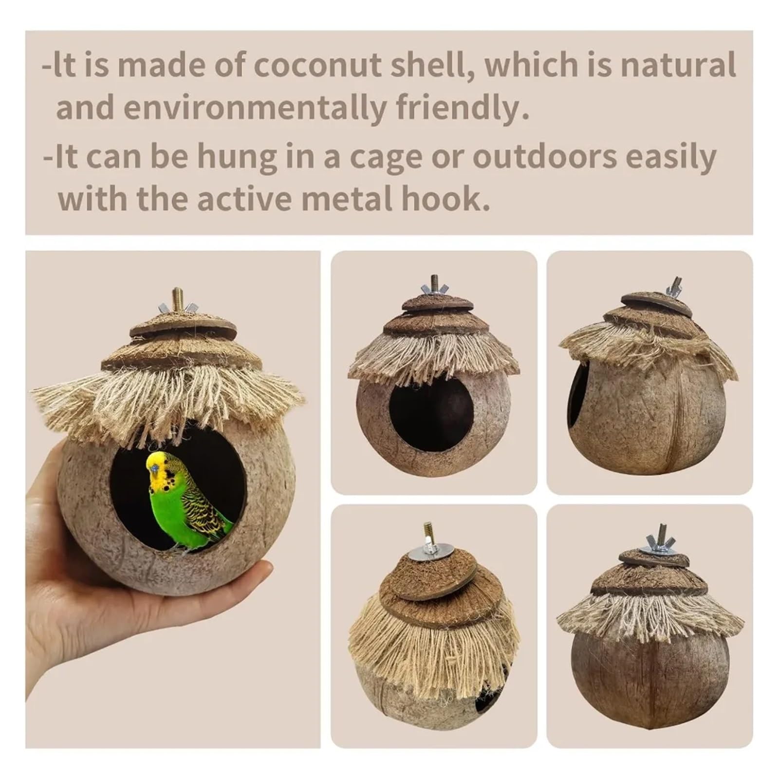 Nido de pájaro de Concha de Coco Casita Colgante de Fibra Coco for pájaros en Jaula, Nido cría for Loros, periquitos, agapornis, pinzones y Canarios pequeños(2pcs Coconut Hide)