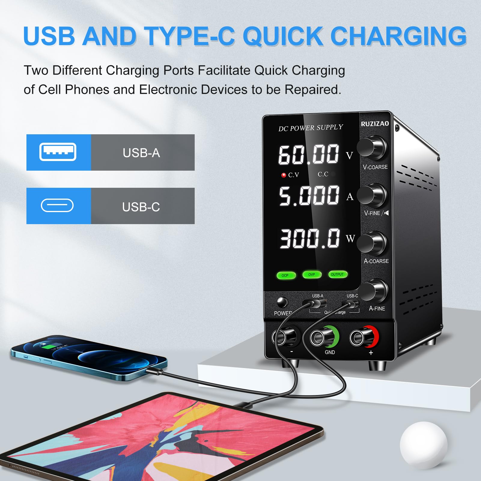 Alimentation de Laboratoire 60V 5A Alimentation Stabilisée Réglable avec OCP/OVP/Interrupteur de Sortie/Encodeurs de Précision, Alimentation de Banc de Laboratoire avec 18W USB Charge Rapide