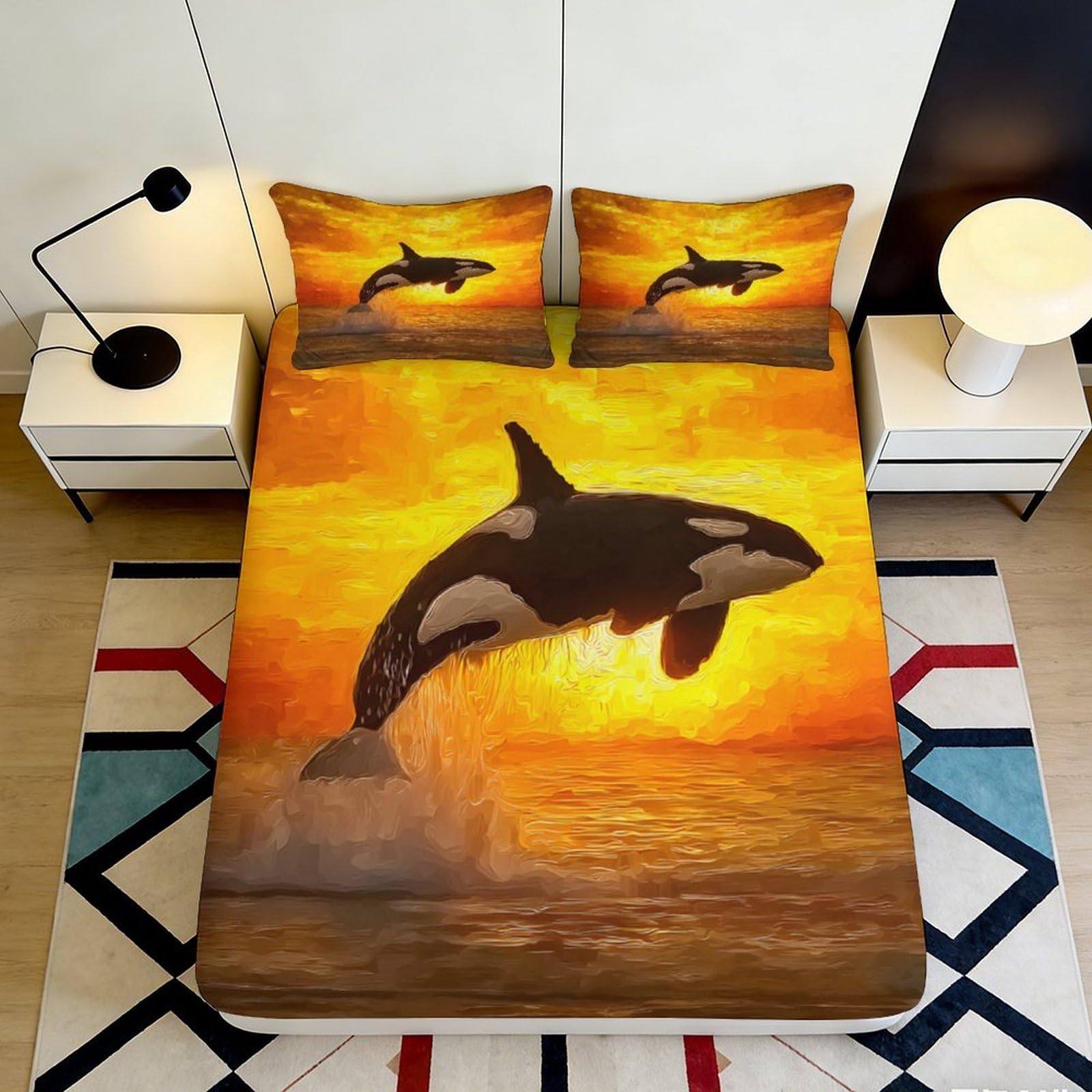 3D Printed Sunset Whale Microfiber Fitted Sheet Deep Pocket Non-Slip Elastic Hem Whale Mattress Fitted Cover Washable 200x200x25cm