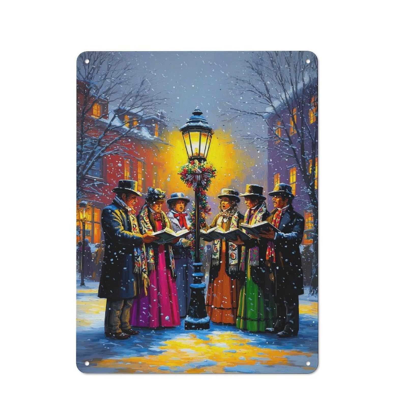 Junmoney Christmas Carolers In Snowy Street Retro Metal Sign With Design 40X30cm, Nostalgic Vintage Wall Decor For Kitchen, Hallway, Bar Or Small Cafe