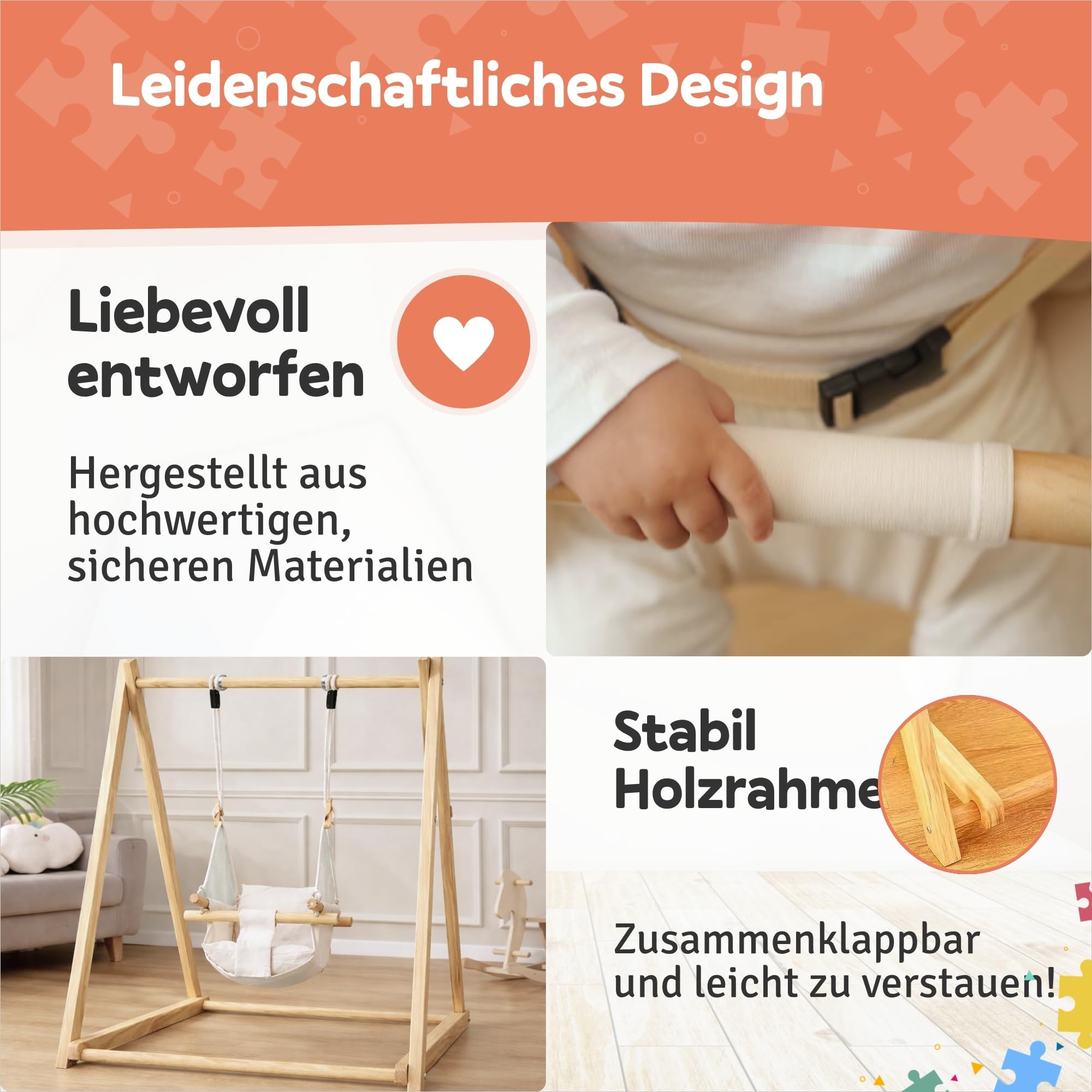 Holz Babyschaukel mit klappbarem Schaukelsitz, Babyschaukelstuhl & Baby Swing aus Kiefernholz, Holzspielzeug für Babys, Indoor & Outdoor Kinderschaukel für drinnen und draußen, sicherer Babysitz