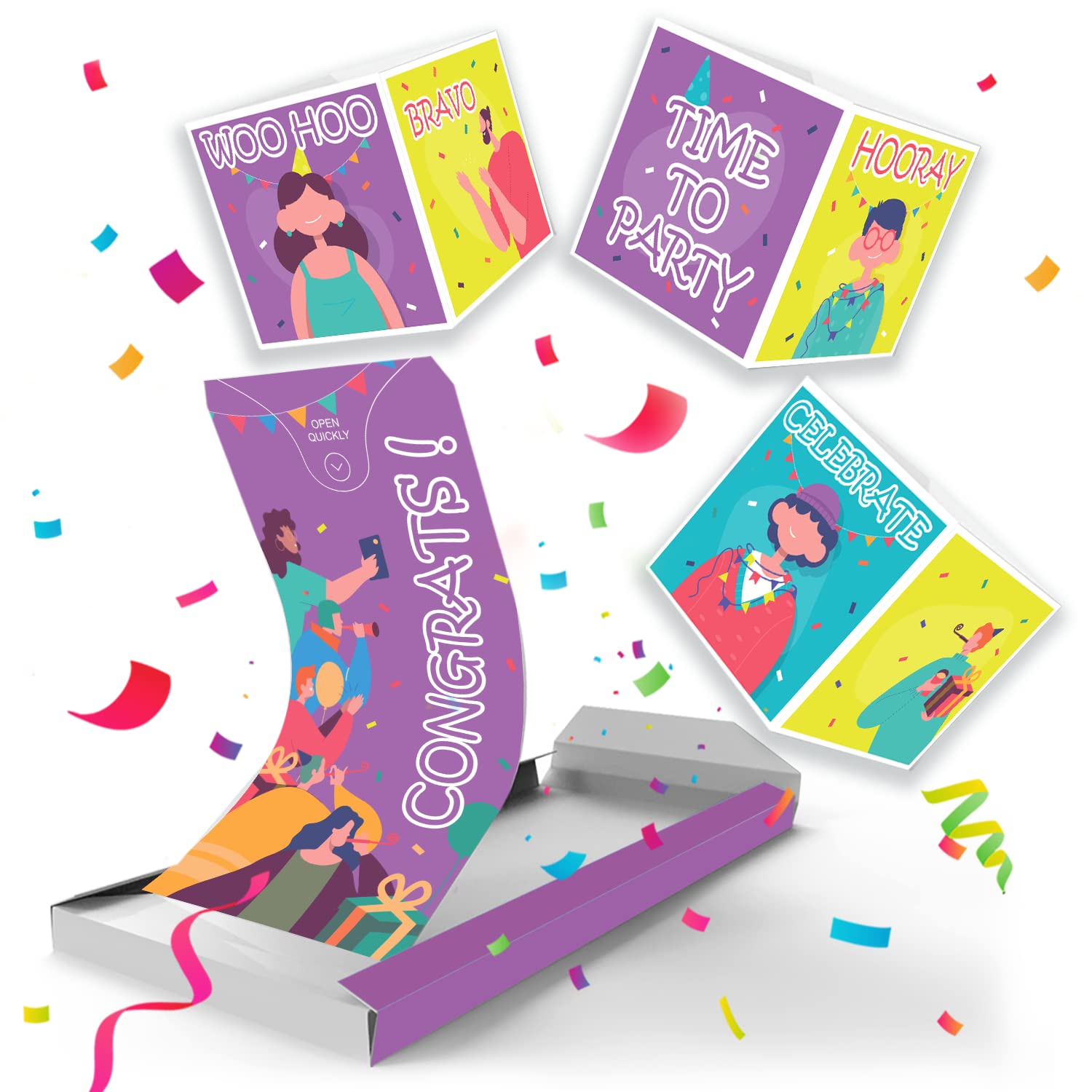 «BOOM» Congratulations Card, Exploding Confetti Card 3x Cube - Graduation, Engagement, Wedding, New job, New home, Any Occasion