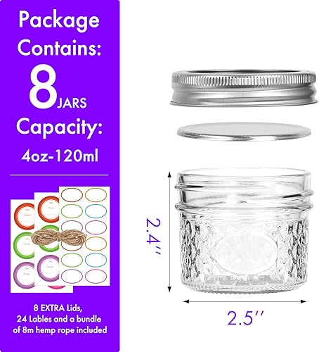 Miniatura 2 de Tarros de cristal de 4 onzas con tapas regulares, ideal para gelatina, mermelada, miel, postre, especias, recuerdo de boda, velas