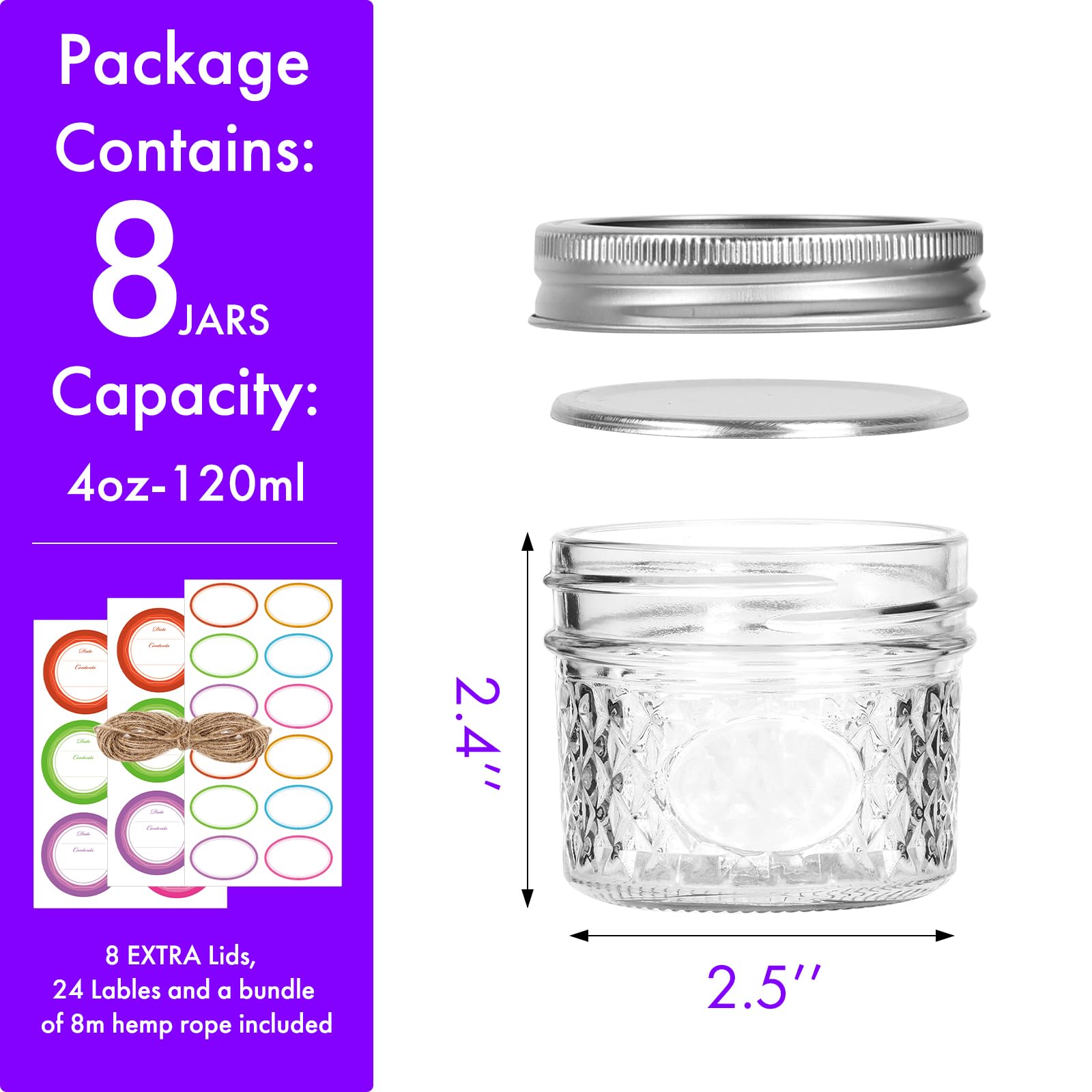 Mini tarros de cristal de 4 onzas con tapas regulares, tarros pequeños para conservas, ideal para gelatina, mermelada, miel, postre, especias, recuerdo de boda, velas