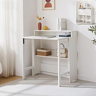 Fold Out Desk with Power Outlets, Small Foldable Table with Storage Shel...