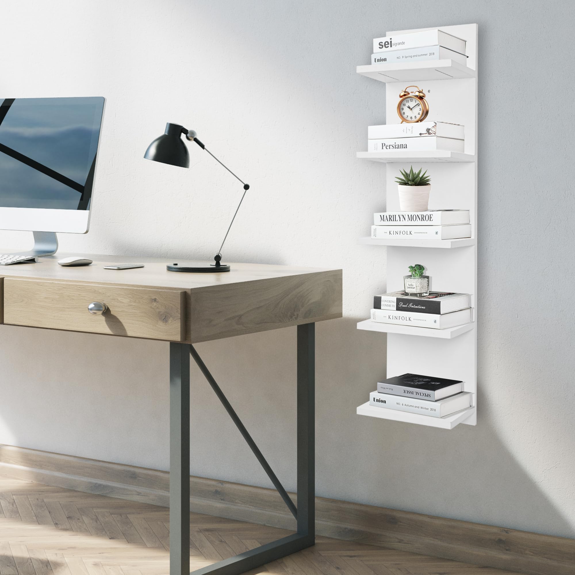 Estante de pared de madera de 5 niveles, organizador de almacenamiento flotante de columna vertical para decoración del hogar, estante flotante para decoración de pared para dormitorio, sala