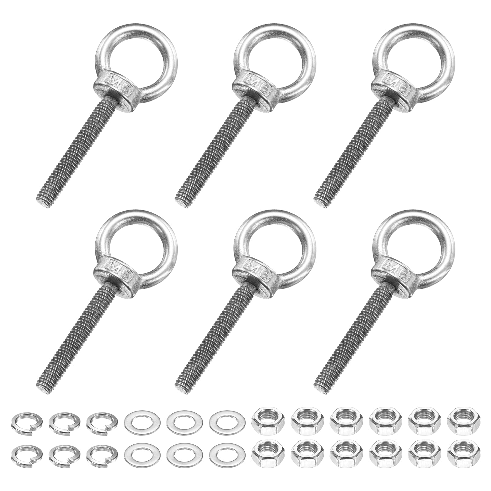 PATIKIL M6 x 40mm Eye Bolt, 6 Pcs 304 Stainless Steel Thread Lifting Ring Set Shoulder Eyebolt with Lock Nuts Flat Washers for Hanging Hammocks Articles, Silver