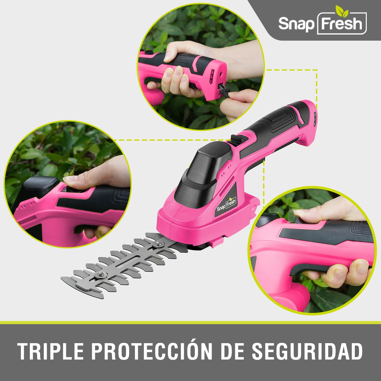 SnapFresh - Batería eléctrica con minicortadores inalámbricos de 7,2 V, Tijeras para Esculpir, setos 2 en 1 y Cargador, Longitud de Hoja: 14 cm (arbustos) / 8 cm(Rosa)