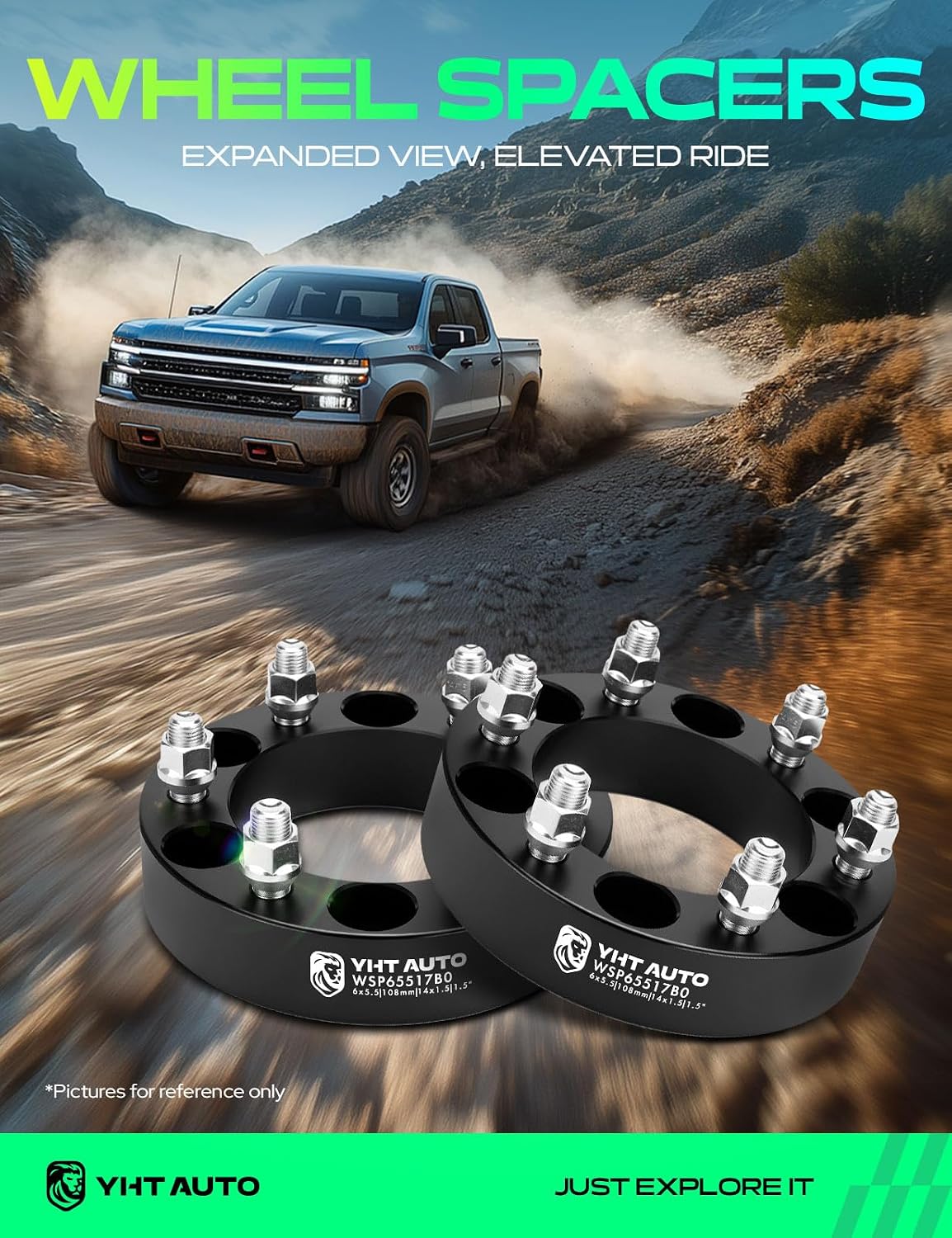 YHTAUTO 6x5.5 Wheel Spacers 1.5 inch Fits Chevrolet Silverado, Tahoe, C/K, GMC Sierra,Yukon, Cadillac Escalade, Forged 6x139.7mm Tire Spacers 38mm with M14x1.5 Studs 108mm Center Bore 2PCS, Black