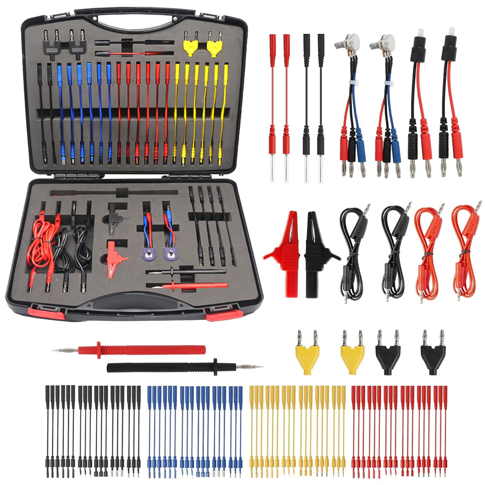 Cables Prueba Multímetro Kit, 92PCS Multímetro Cables de Prueba Set, Kit de Accesorios Puntas Tester para Automóvil y Eléctrico Digital Multifunción con Sondas, Banana y Pinzas Cocodrilo