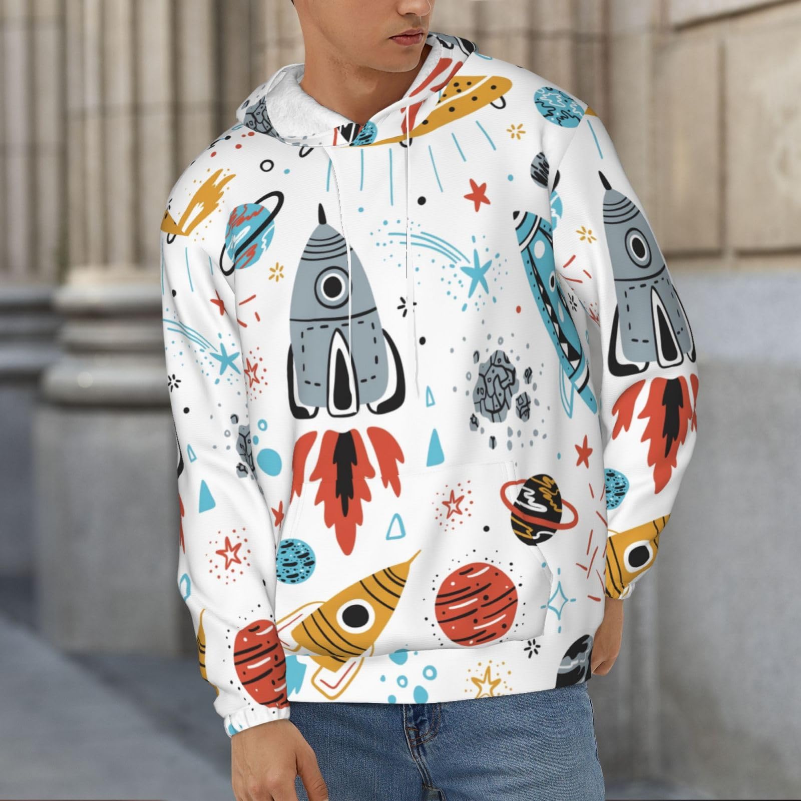Męska bluza z kapturem z nadrukiem rakiet kreskówkowych, casualowa grafika z nadrukiem bluzy z kapturem z kieszenią