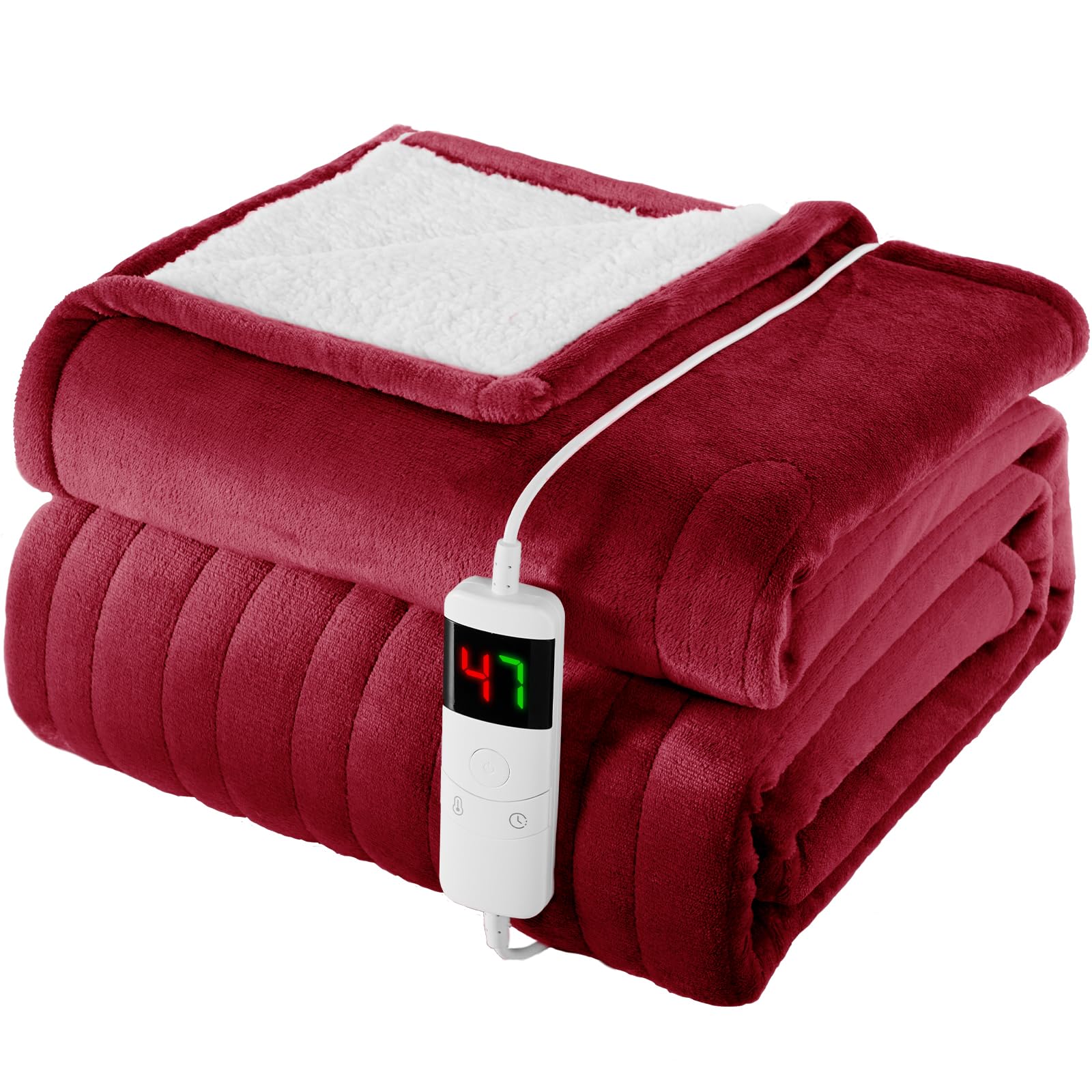 Homemate Heated Blanket Electric Throw - 160x130cm, 1/2/4/6/8 Hours Auto-Off 10 Heat Level Digital Control, Over-Heat Protection Flannel Sherpa Washable Blanket Red