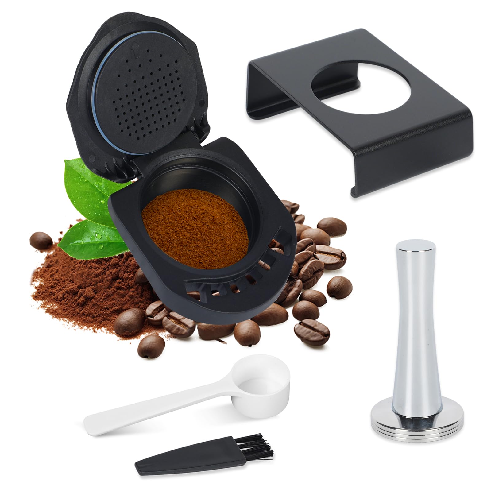 Reusable Coffee Pods for Dolce Gusto Reusable Coffee Capsule Pods Converter Adapter Refillable Coffee Capsule Compatible for Piccolo XS/EDG466/EDG606/EDG305/KP70(1Pod+1Brush+1Spoon+1Tamper+Bracket)