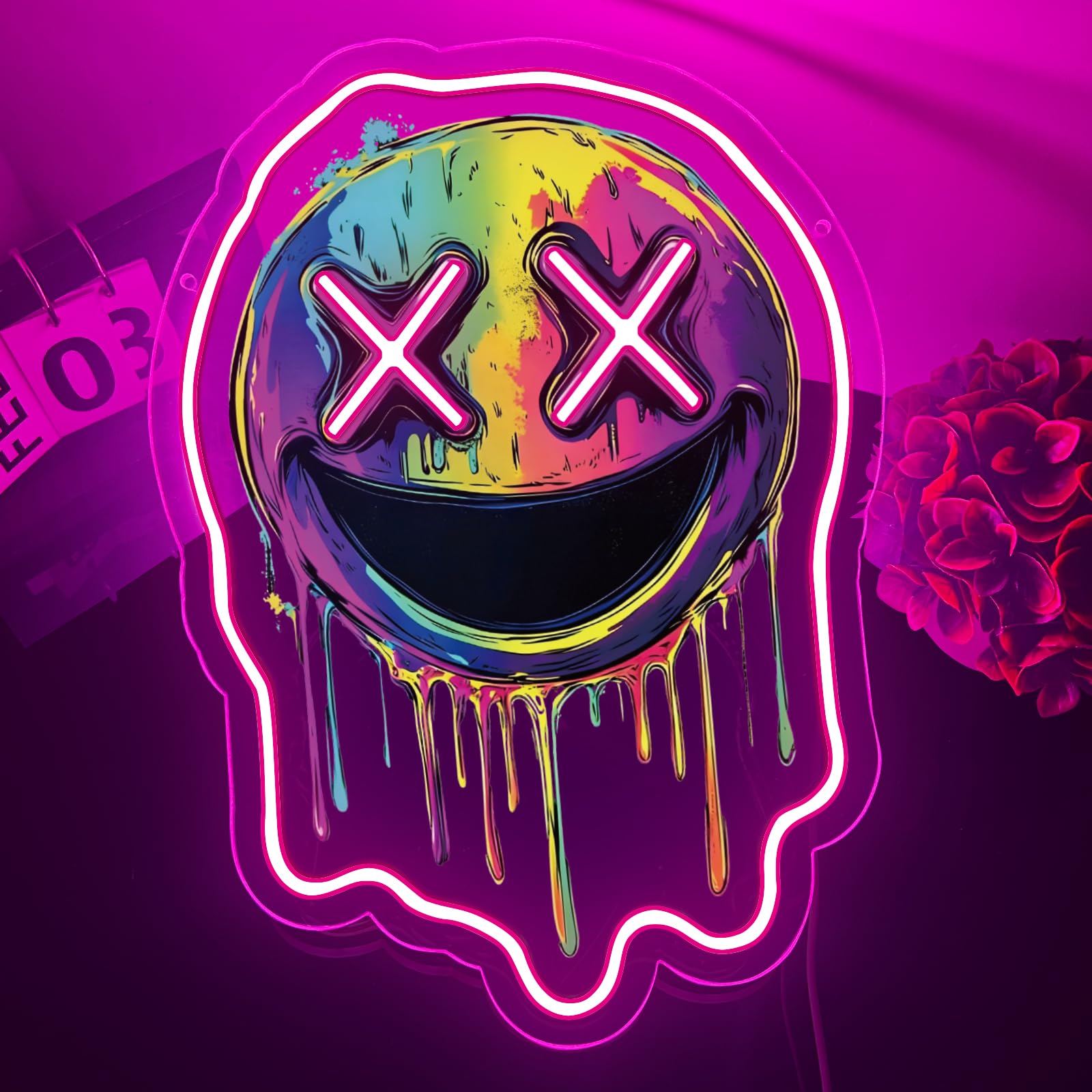 Smile Face Neon Sign,Melting Smile Face LED Neon Light Signs for Backdrop Wall Art Decor for Bar Bedroom Room Party Decorations Gift for USB Powered（15.8"*11.4"）