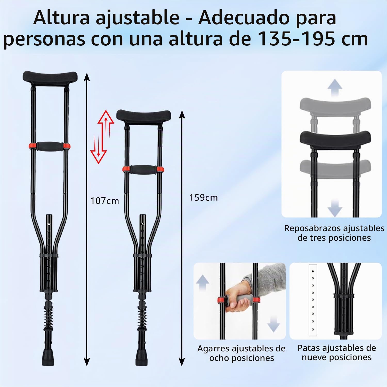 1 Par de Muletas Axilares, Soporte de Antebrazo, Altura Regulable, 150KG Capacidad de Carga, Ligeras en Aluminio Universales con Apoyos Blandos para Hombres Adultos & Rehabilitación