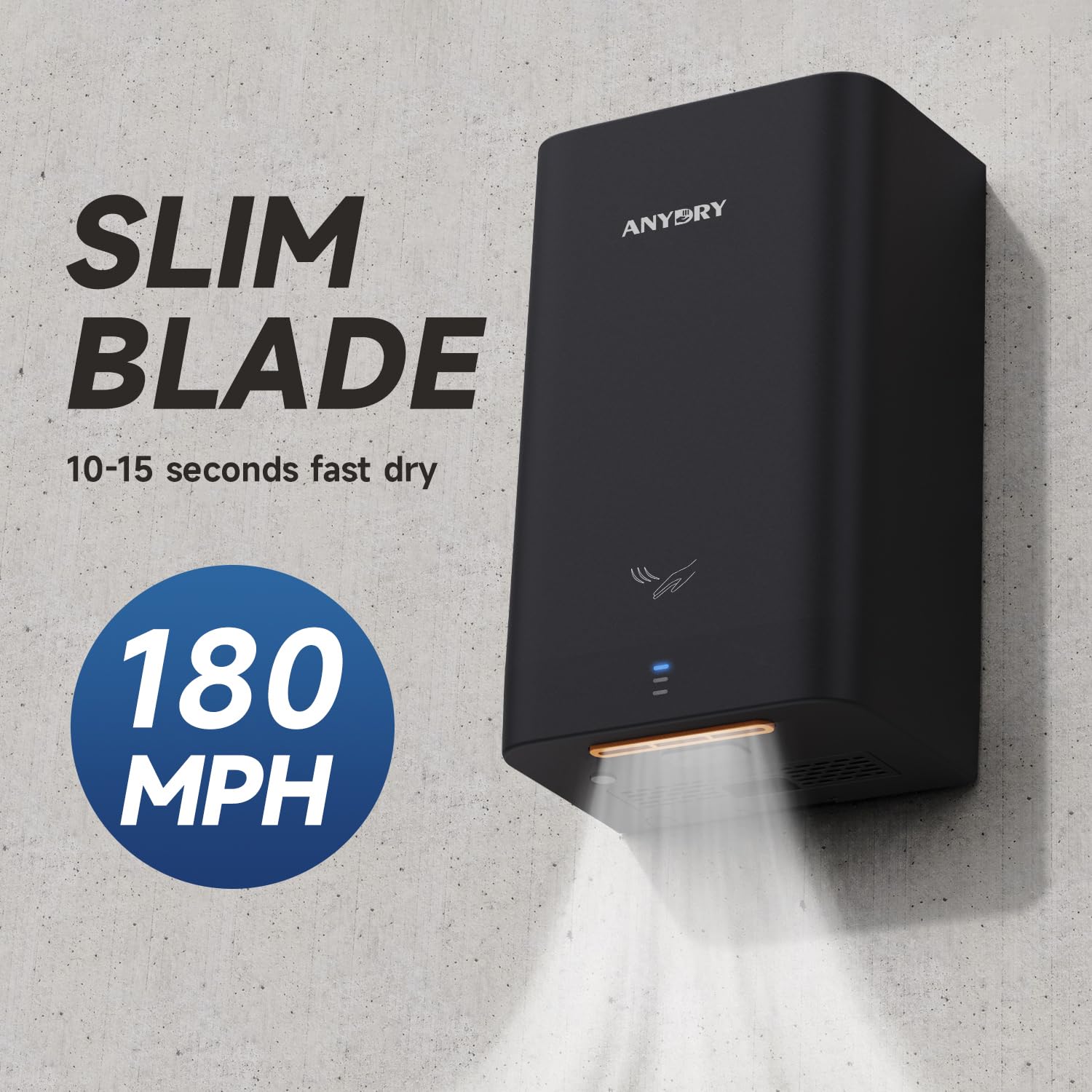 anydry AD2822 Sèche-Mains à Grande Vitesse Sèche-Mains Électrique Automatique Commercial ou Domestique Noir