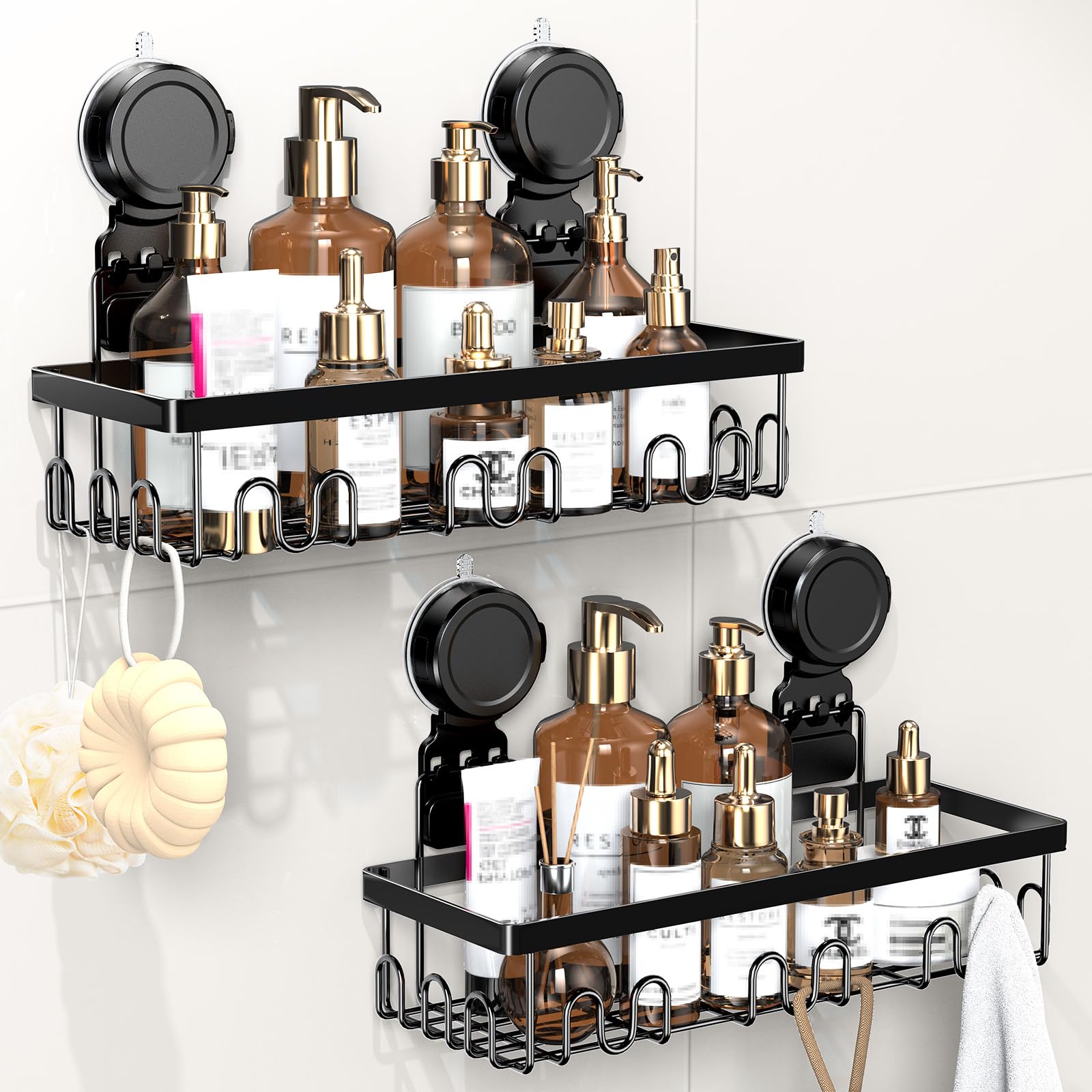 JOTPE Shower Caddy Suction Cup 2 Pack, No Drilling Shower Organizer for Bathroom with Large Capacity, Storage Suction Powerful Max Hold 40 lbs, Waterproof & Removable Bathroom Shelf, Black