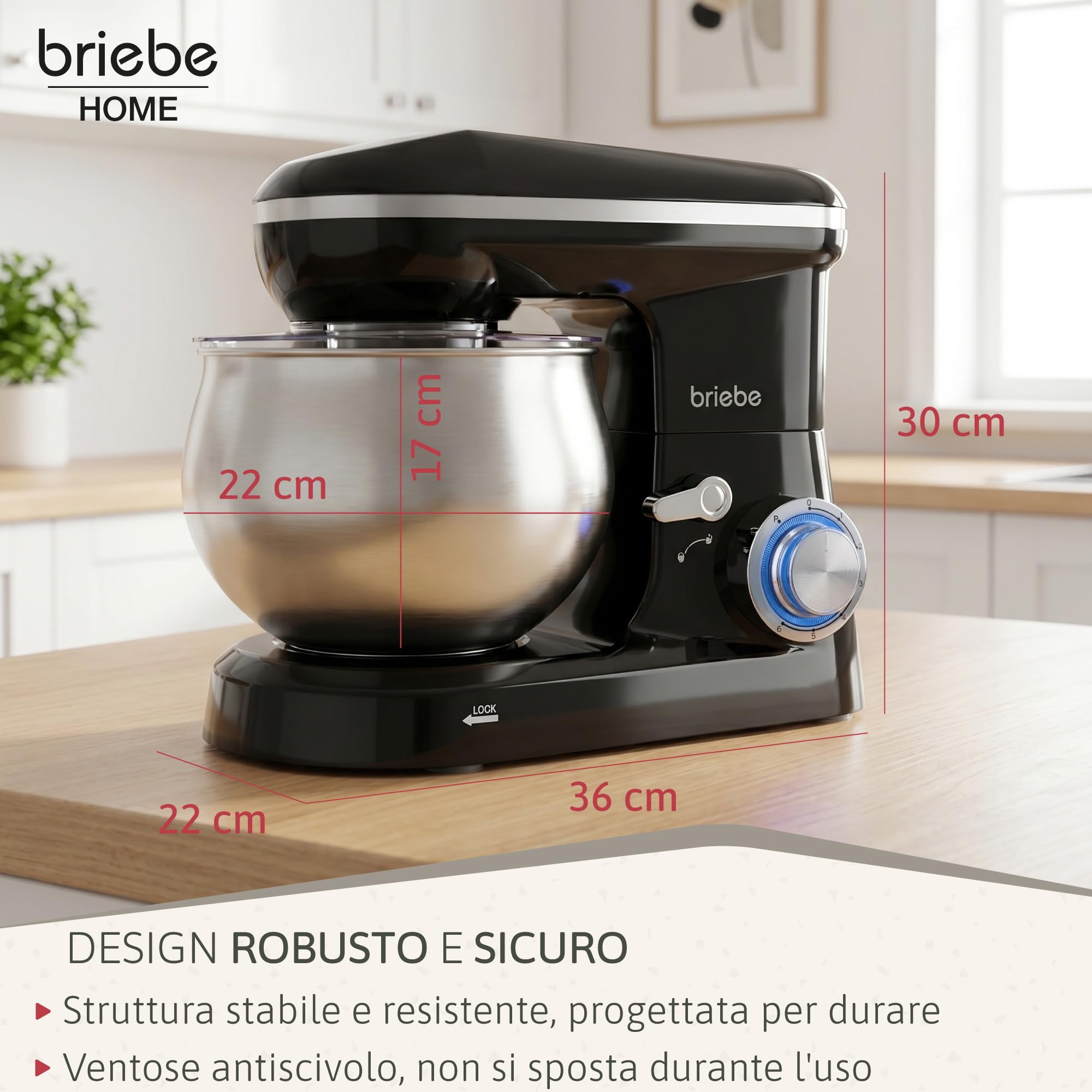 briebe Impastatrice Planetaria Professionale per Pasticceria 1800W MAX Robot da Cucina Orbitale, Frusta, Ciotola 5 L, 6 Velocità + Funzione Pulse, Schermo Touch LED, KM1164