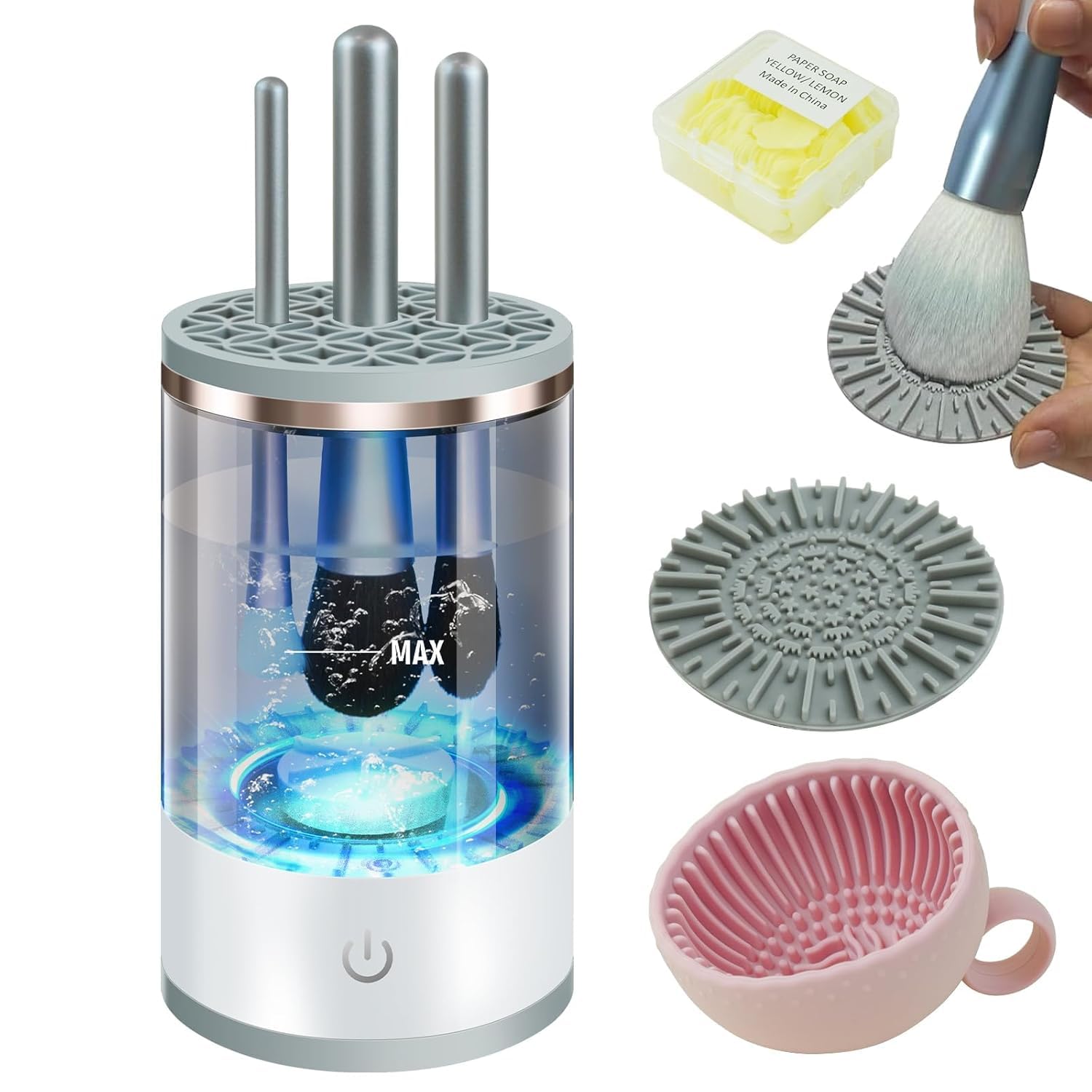 3.0 Upgrade Pinselreiniger Make Up【10X Reinigungskraft Reinigungsleistung】【Ein-Knopf-Betrieb - Power Motor 3.0】Elektrisch Make Up Brush Cleaner für Make-up-Pinsel aller Größen, Grau