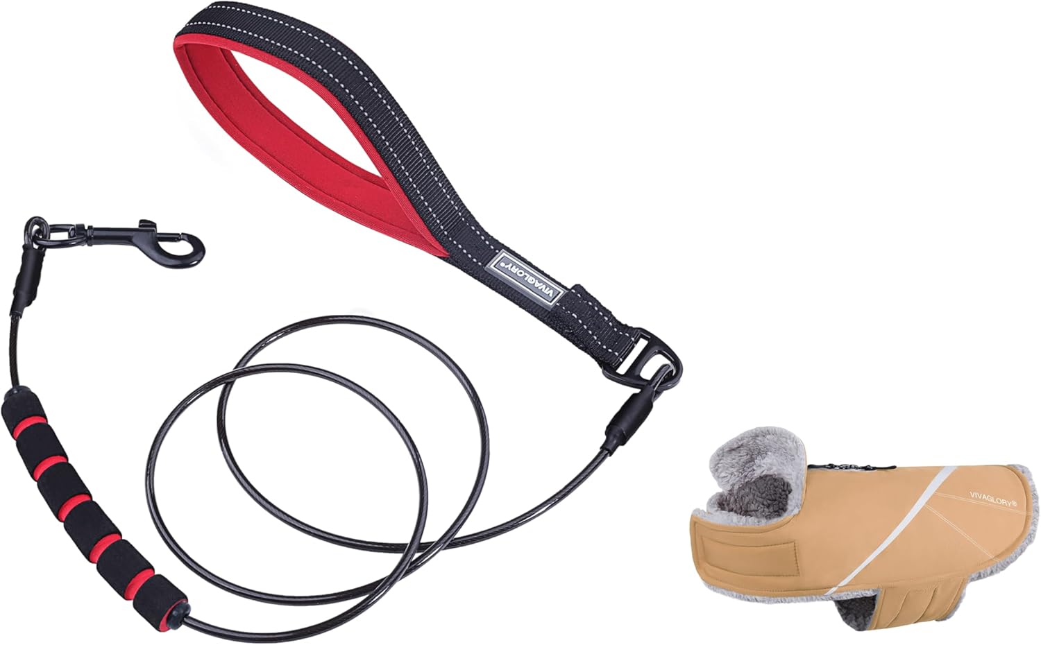 VIVAGLORY Chew Proof Dog Leash + Dog Coat, Running Waist Leash with Belt for Running Walking, Warm Fleece Lined Reflective