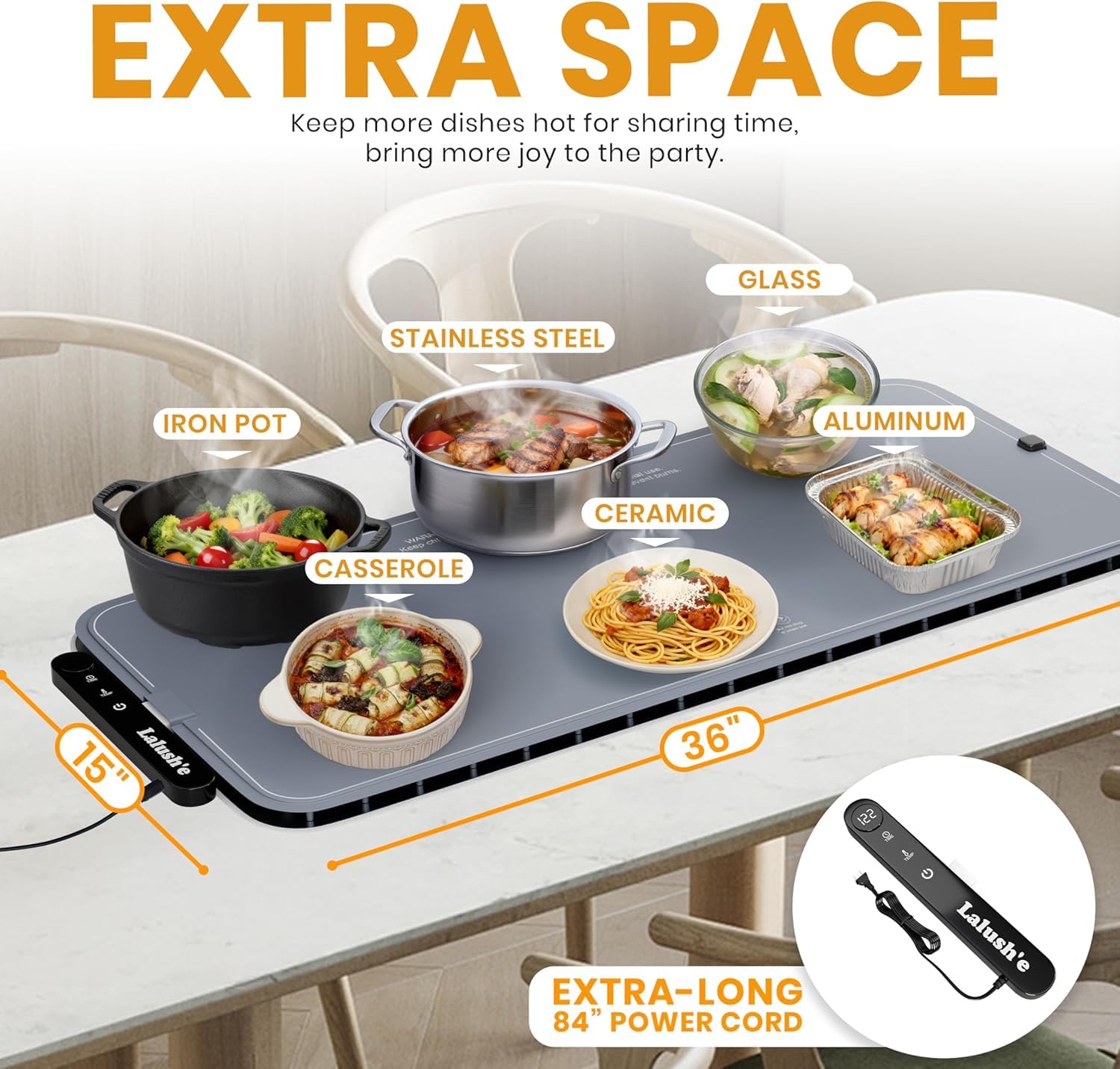 Lalush'e Electric Food Warming Mat, XXL 36 x 15 cm - Portable Food Warmer for Parties, Hosting & Buffet Serving Foldable Graphene Heating Tray with 7 Temp Settings, Spoon Rest and Travel Insulation