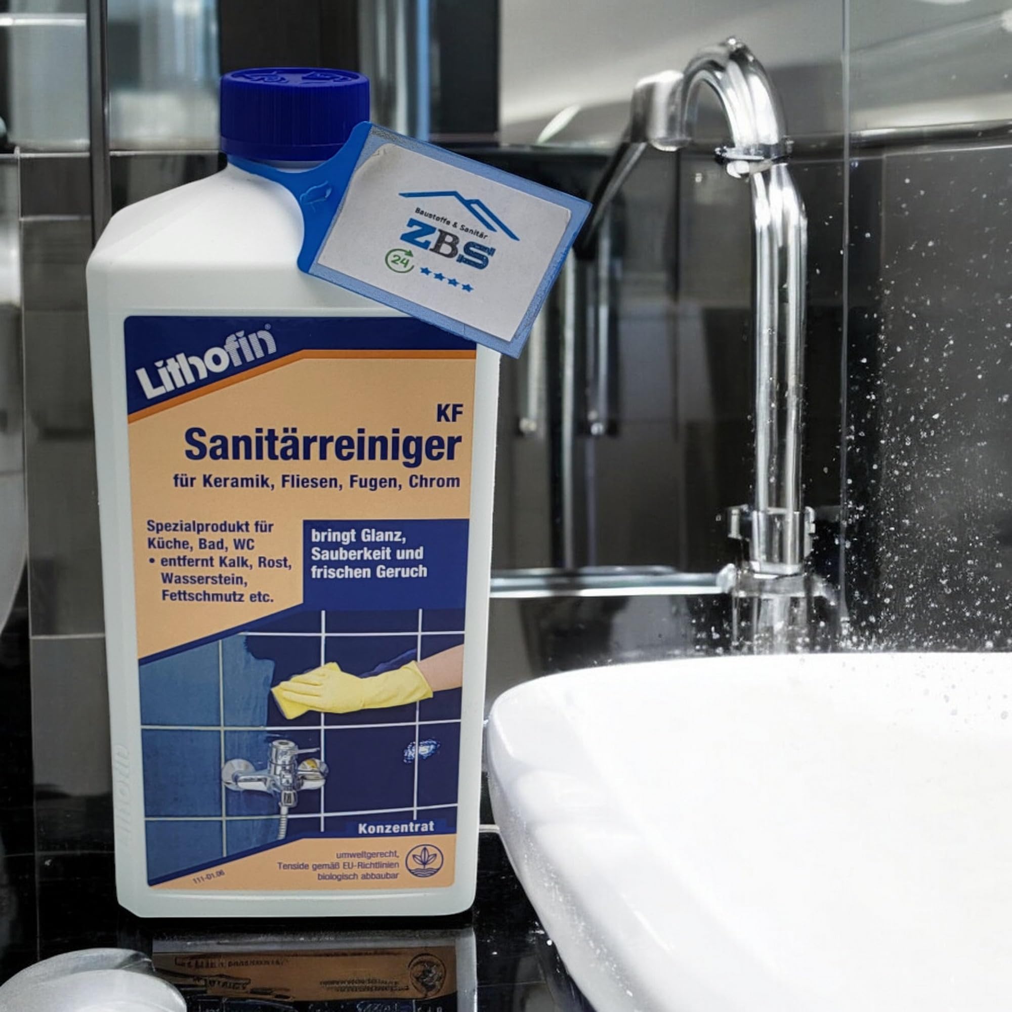 zbs24 Lithofin KF Sanitärreiniger, Konzentrat mit aktiven Säuren und hochwertigen Reinigungskomponenten, für Dusche und Bad, inkl. Latex Handschuhe und Mikrofasertuch 30x30cm (1 x 5 Liter)