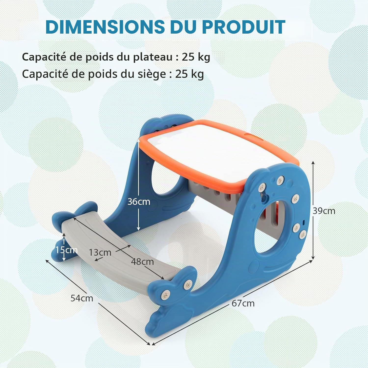 FANTASK Chevalet pour enfants avec plateau de table, tableau blanc et banc, 4 en 1, bleu, double face, en forme de baleine, table de coloriage pour enfants à partir de 1 an
