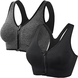 DAVBNM 2 Pack Zip Front Fastening Bras Sports Bra Post Surgery Bra Yoga Bra for Workout Fitness Women Sports Bras High Impact Seamless Zip Front Fastening Workout Running Gym Top Black, Gray