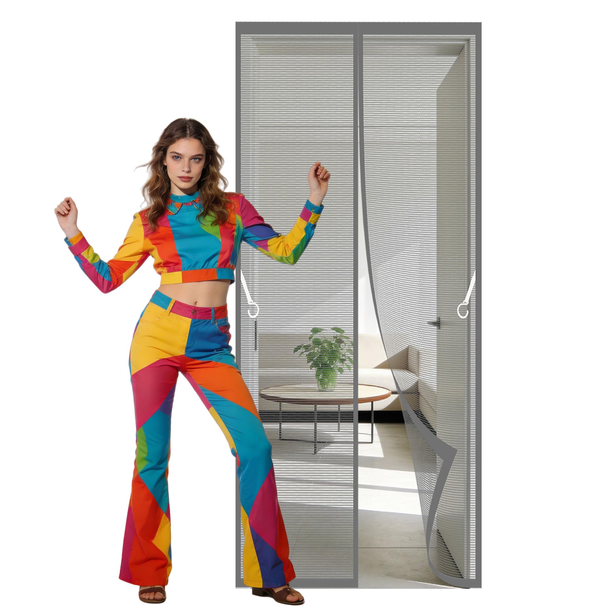 Door Screen 105 x 242 cm No Tools Installation Magnetic Door Curtain for Homes Powerful Magnets and Full Frame Magic Tape for Living Room, Bedroom, Patio, Grey