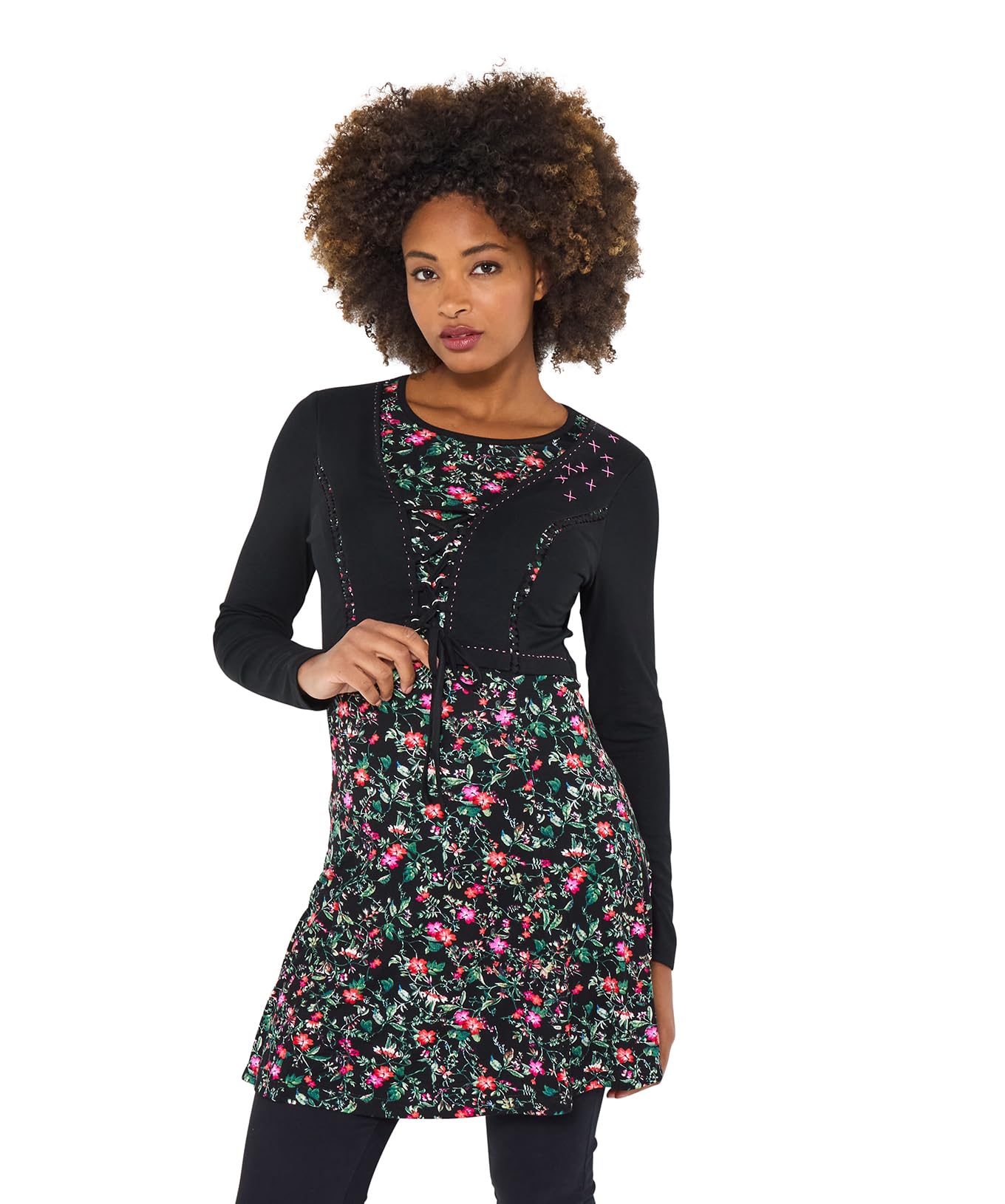 Joe Browns Women's Floral Mock Cardigan Layered Jersey Tunic Top, Regular, Black, UK 12