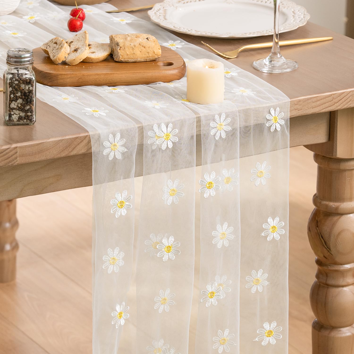 Artoid Mode White Embroidery Daisy Flowers Spring Gauze Table Runner 70x300 cm, Summmer Tulle Sheer Dining Holiday Birthday Table Decor for Home Party
