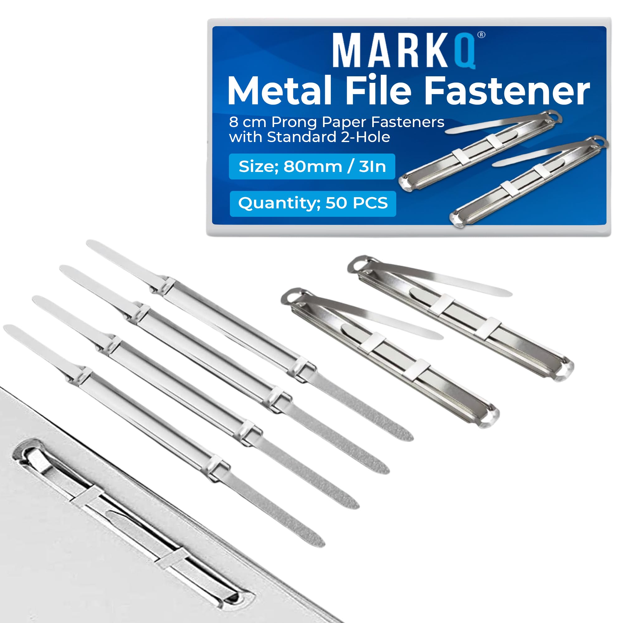 MARKQ [50 Pack] Metal File Fastener, 8 cm Prong Paper Fasteners with Standard 2-Hole Punch Compressor for Paper File Folder