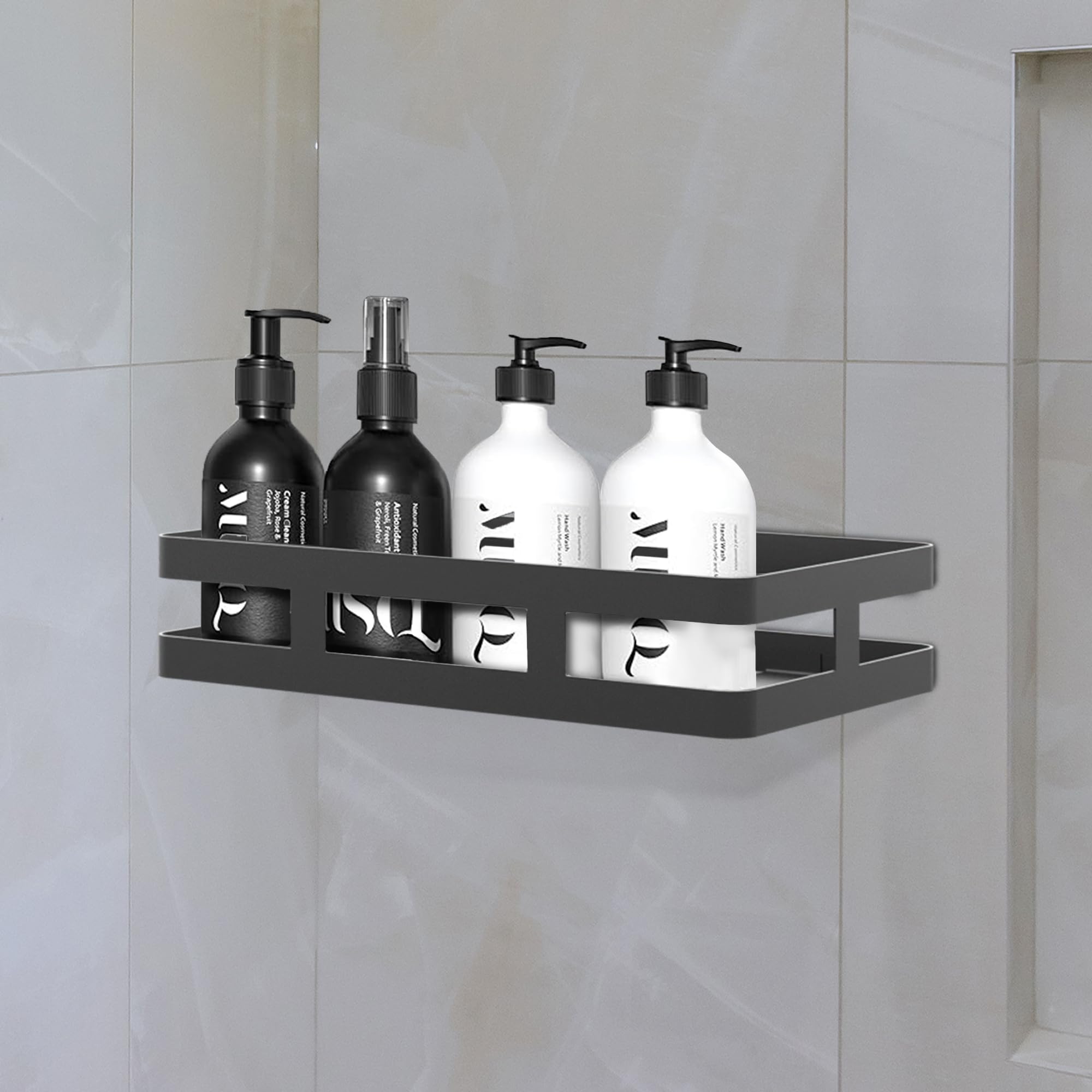 IBELL Self-Adhesive Multipurpose Wall Mounted Bathroom Shelf | Space-Saving Storage Organizer Rack for Bathroom & Kitchen Accessories | Stylish Black Wall Stand for Home & Office Use