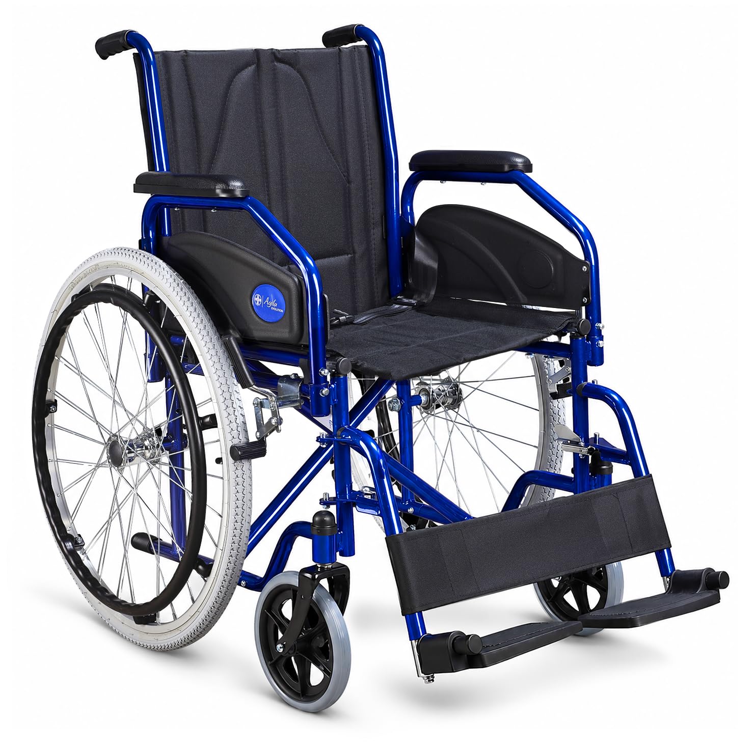AIESI® Fauteuil Roulant pliable léger à autopousser pour handicapés et les personnes âgées AGILA EVOLUTION, Accoudoirs et repose-pieds amovibles, Ceinture de sécurité, Pompe à air, Garantie 24 mois
