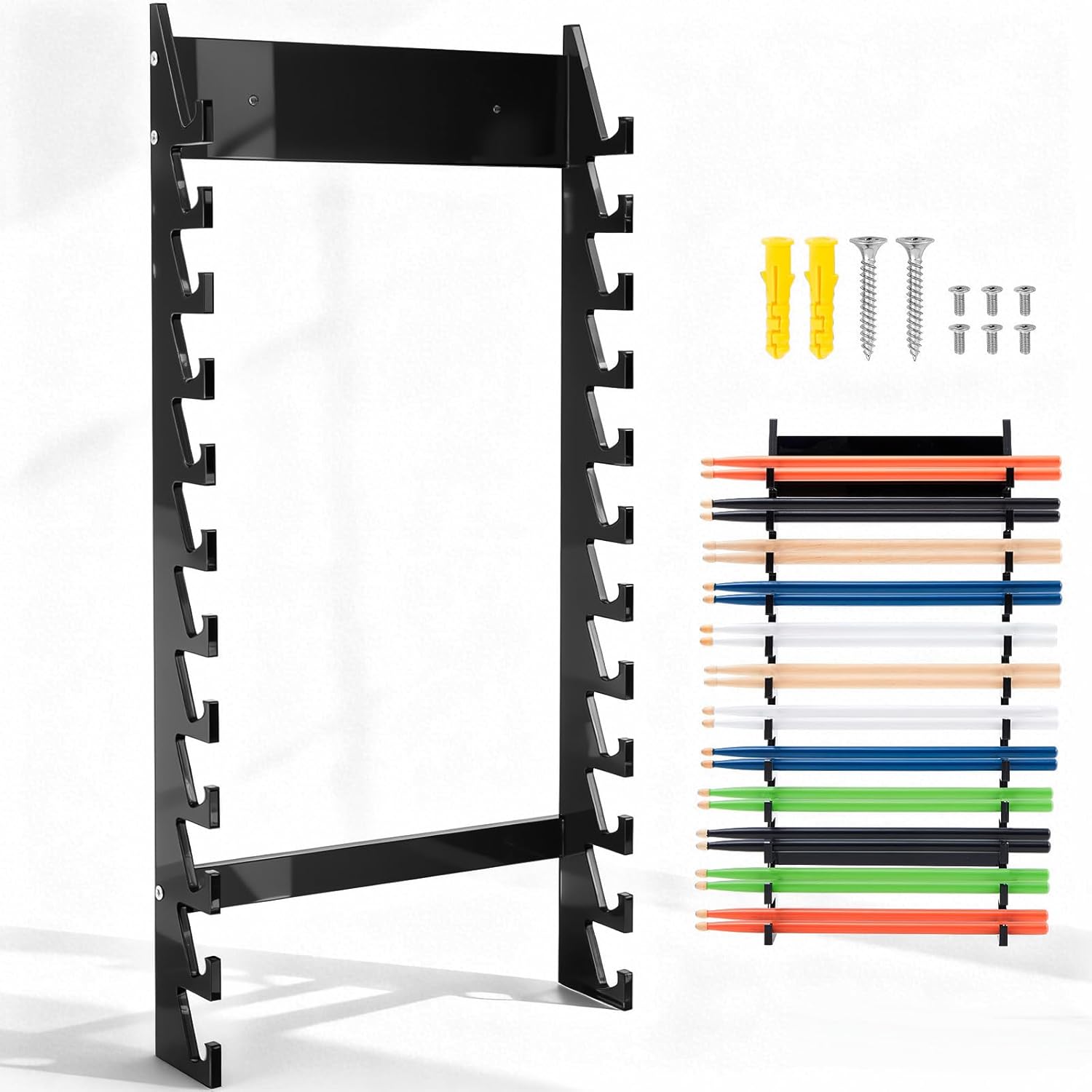 Sintuff Wall Mounted Drum Stick Holder Acrylic Drumstick Display Stand for 12 Pair of Sticks, Wands Wall Rack 6mm Side & 9mm Back Panel for Studio Practice Room Drummer Gift(Black)