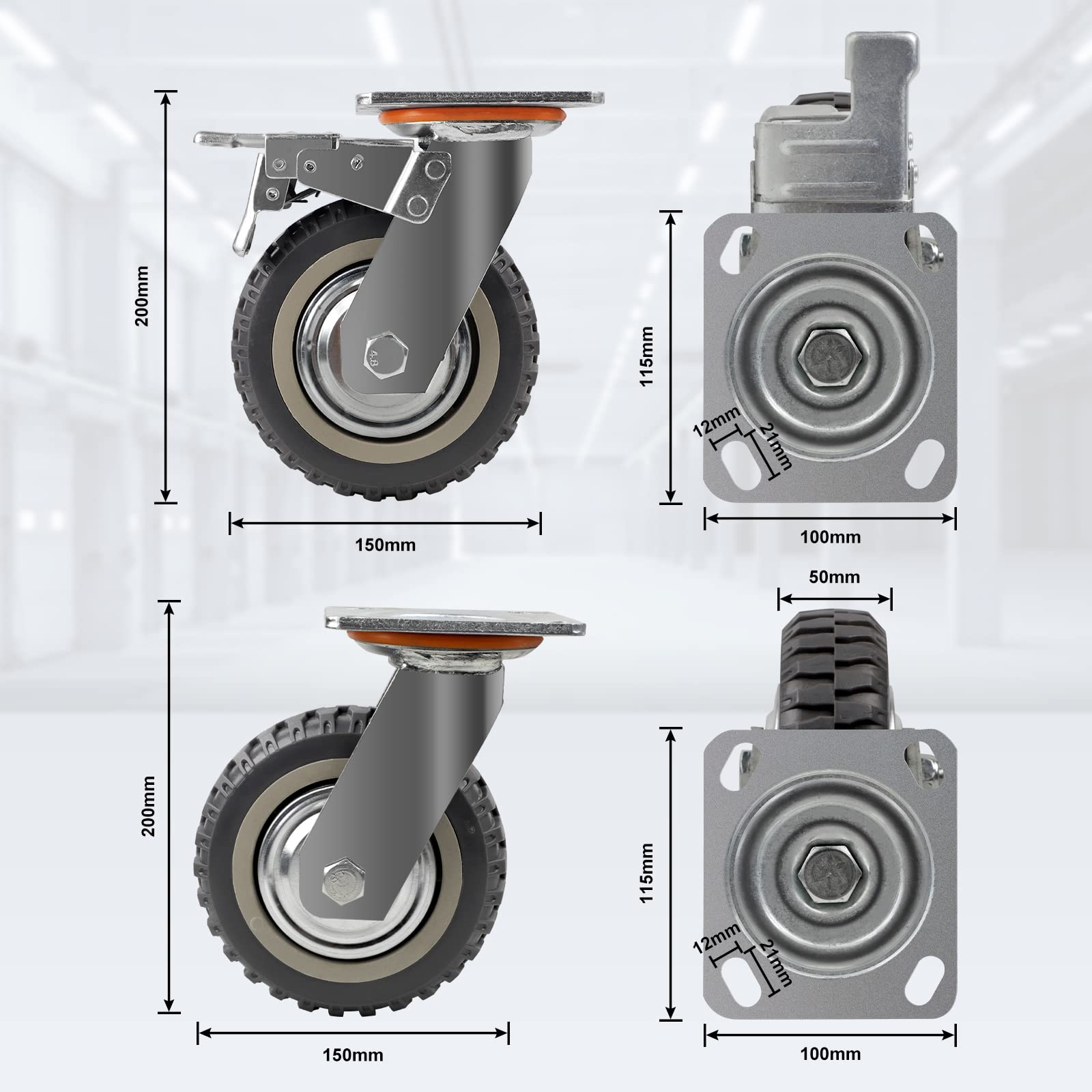 4Pcs Ruote per carichi pesanti, Ø150mm Ruote carrello, 2×Ruote girevoli con freno+2×Ruote girevoli, Rotelle per mobili, Capacità di carico totale di 1600KG
