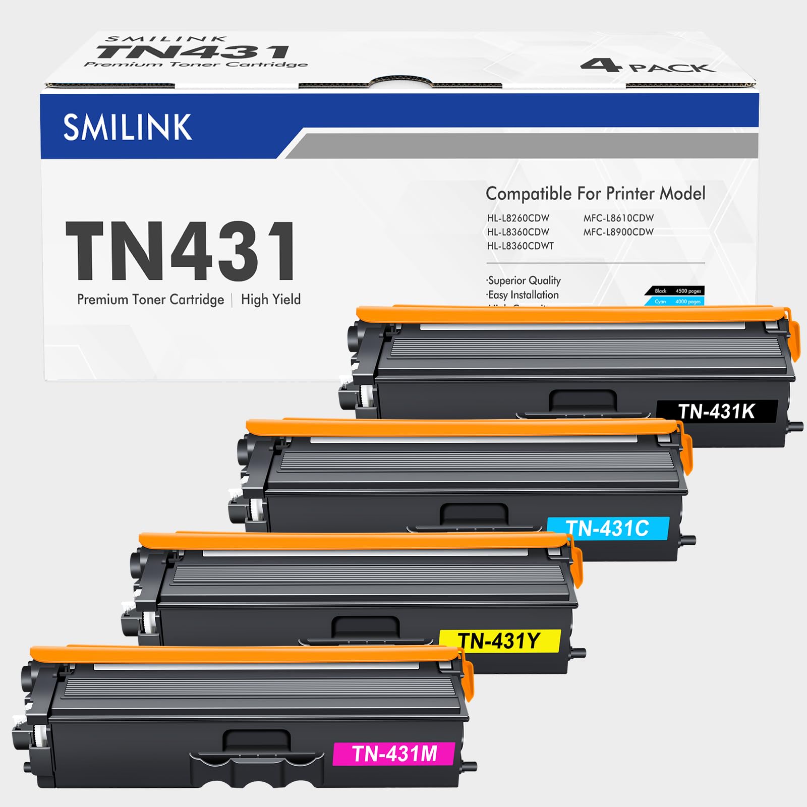 TN431 TN-431 Toner Cartridge 4 Pack for Brother TN 431 MFC-L8900CDW | Cartridge for Brother TN431 Toner Cartridge MFC-L8900CDW HL-L8360CDW HL-L8260CDW MFC-L8610CDW HL-L8360CDWT Printer Ink