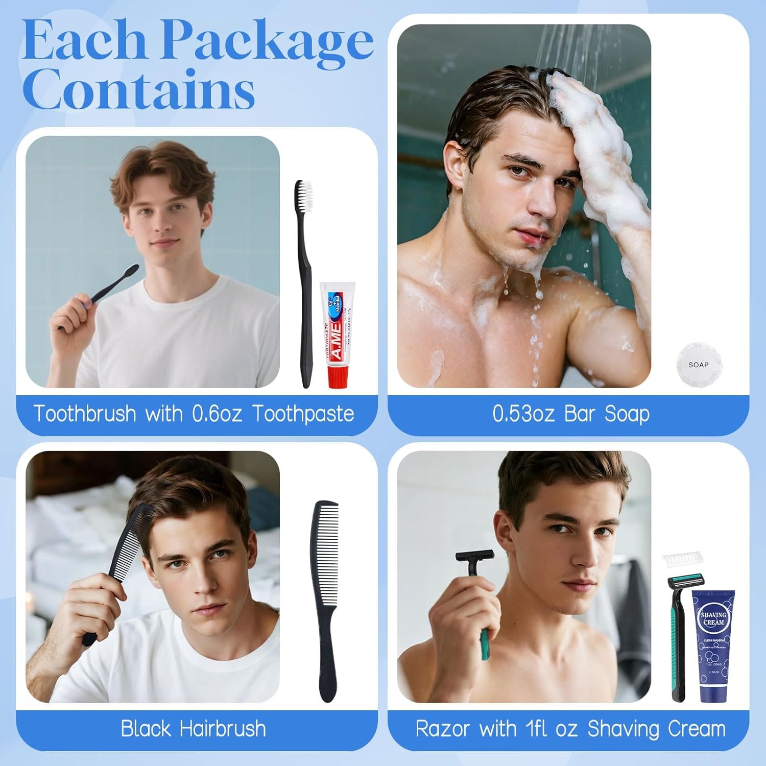 Kit di articoli da toeletta usa e getta, 6 in 1, formato da viaggio, essenziali per uomini e donne, confezionati singolarmente, set di articoli da toeletta personali per hotel, beneficenza, ospiti