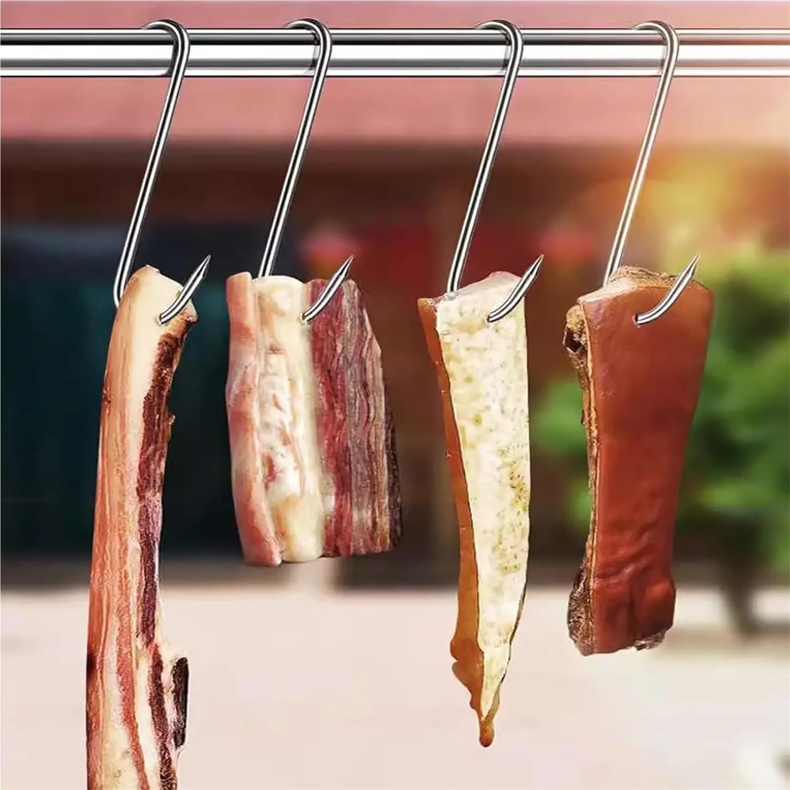 100 ganchos en forma de S de acero inoxidable con punta afilada for colgar utensilios de cocina, de carnicero, for ahumar y procesar carne en barbacoa. Para Carnes(12cm)