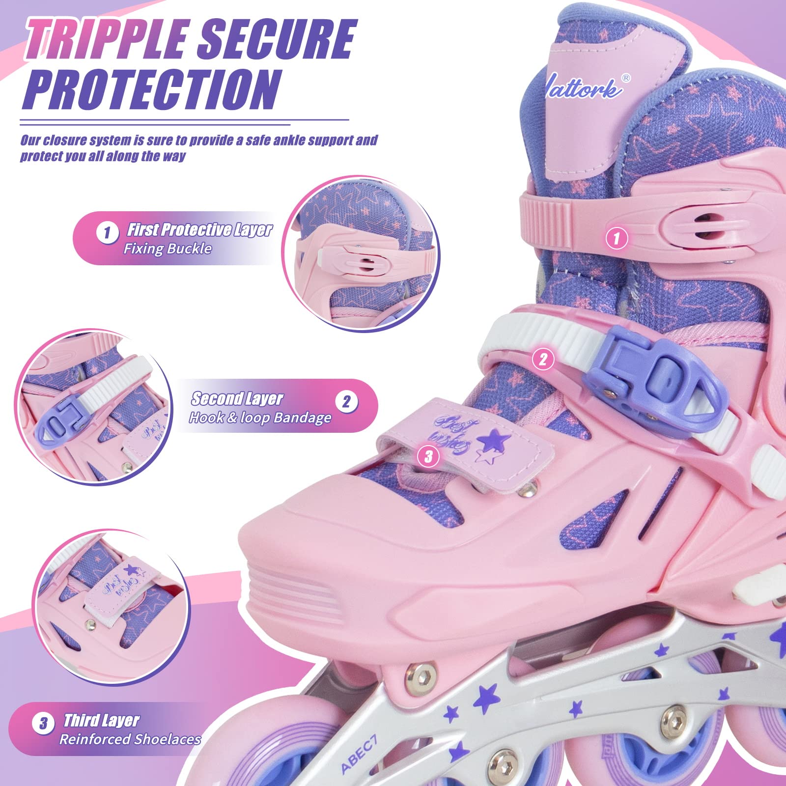 Inline Skates for Girls and Boys Kids, 4 Sizes Adjustable Roller Blades with Light up Wheels, Illuminating Beginner Roller Skates for Kids & Adult Youth Pink Age 6-8 Size 10 11 12 13
