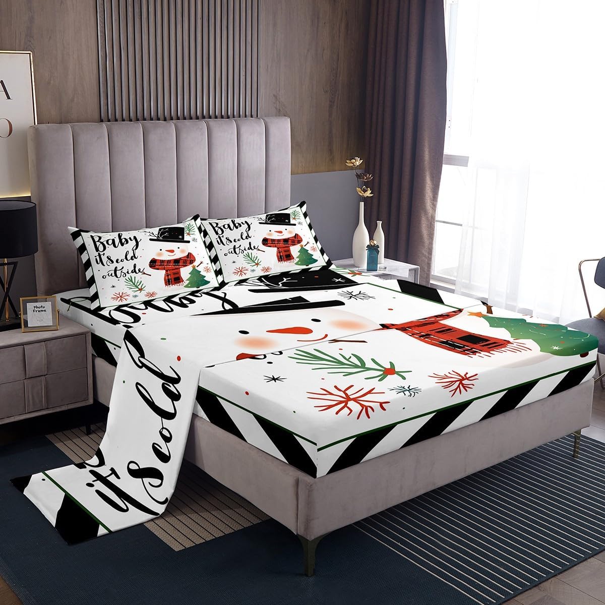 Manfei Christmas Sheet Set Queen Size, Xmas Tree Snowman Snowflake Bedding Set for Kids Boy Room Decor, Black White Stripe Bed Sheet Set 4pcs with Deep Pocket Fitted Sheet + Flat Sheet + 2 Pillowcases