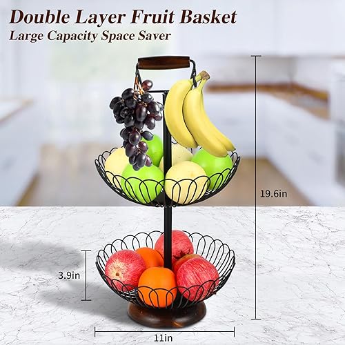 Miniatura 2 de Paquete de 2 fruteros de 2 niveles con colgador de plátano y mango de madera, cesta de verduras de alambre de metal para encimera de cocina