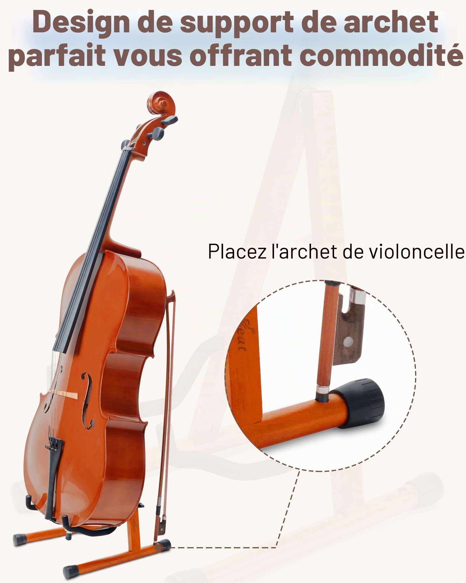 Support de violoncelle en forme de A avec mousse rembourrée, support de violoncelle en bois fabriqué à la main avec trou pour archet pour violoncelle, support en bois d'acajou pour violoncelle