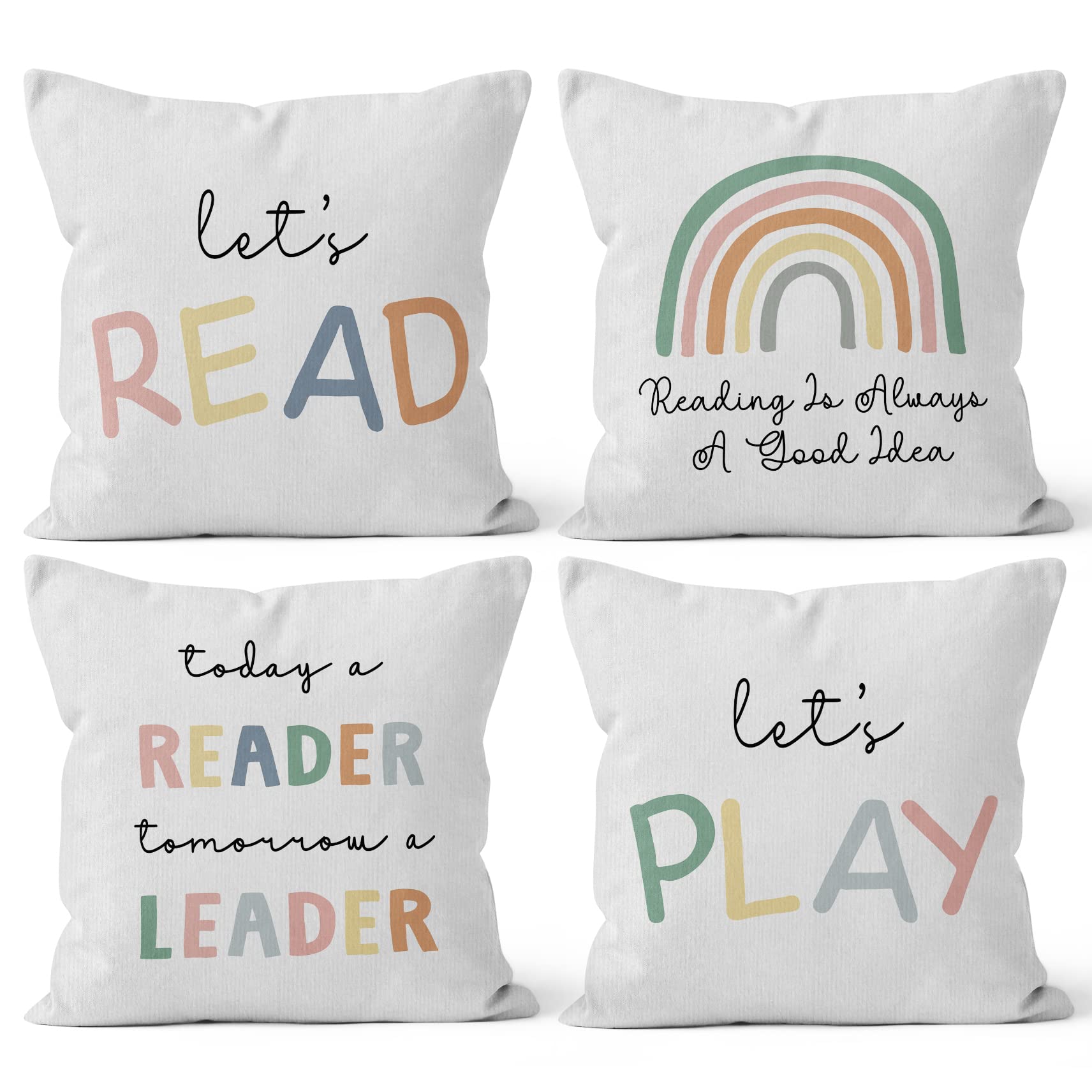 HIWX Let's Read Play Reading Is Always a Good Idea Decorative Pillowcase Throw Pillow Cover, Boho Rainbow Book Inspirational For Sofa Bed Kids Room Nursery Home Decor 18 x 18 Inch Set Of 4 Pillow Case