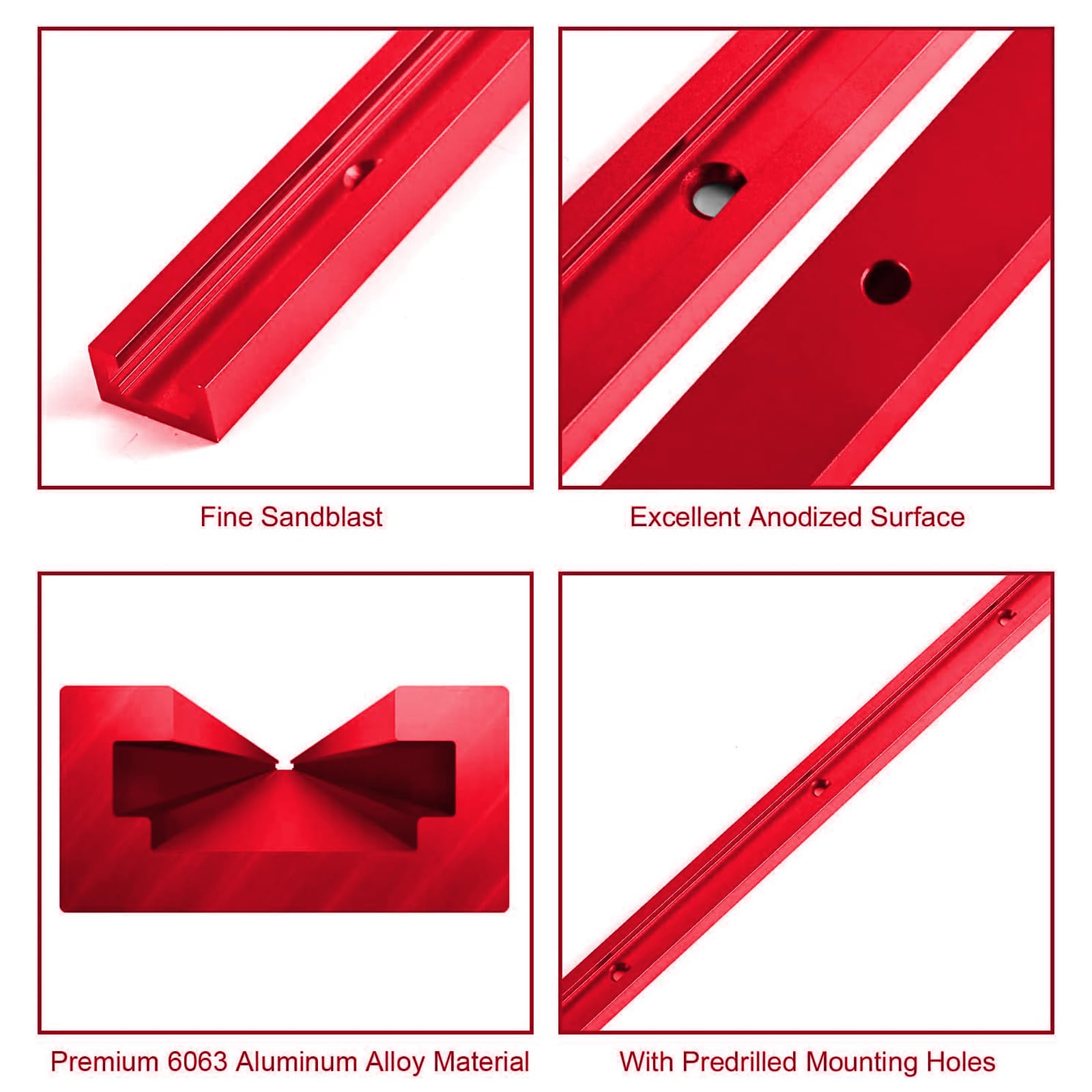 iMetrx T Tracks Woodworking Aluminum 48 inch 1220 mm Red 4 Pcs Double Cut Profile Universal with Predrilled Mounting Holes for Universal T-Track Accessories - Image 2
