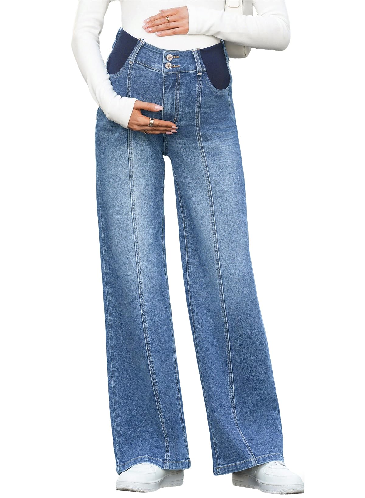 BLENCOT Womens Maternity Jeans Seamed Front High Waisted Wide Leg Stretchy Loose Pregnancy Denim Pants